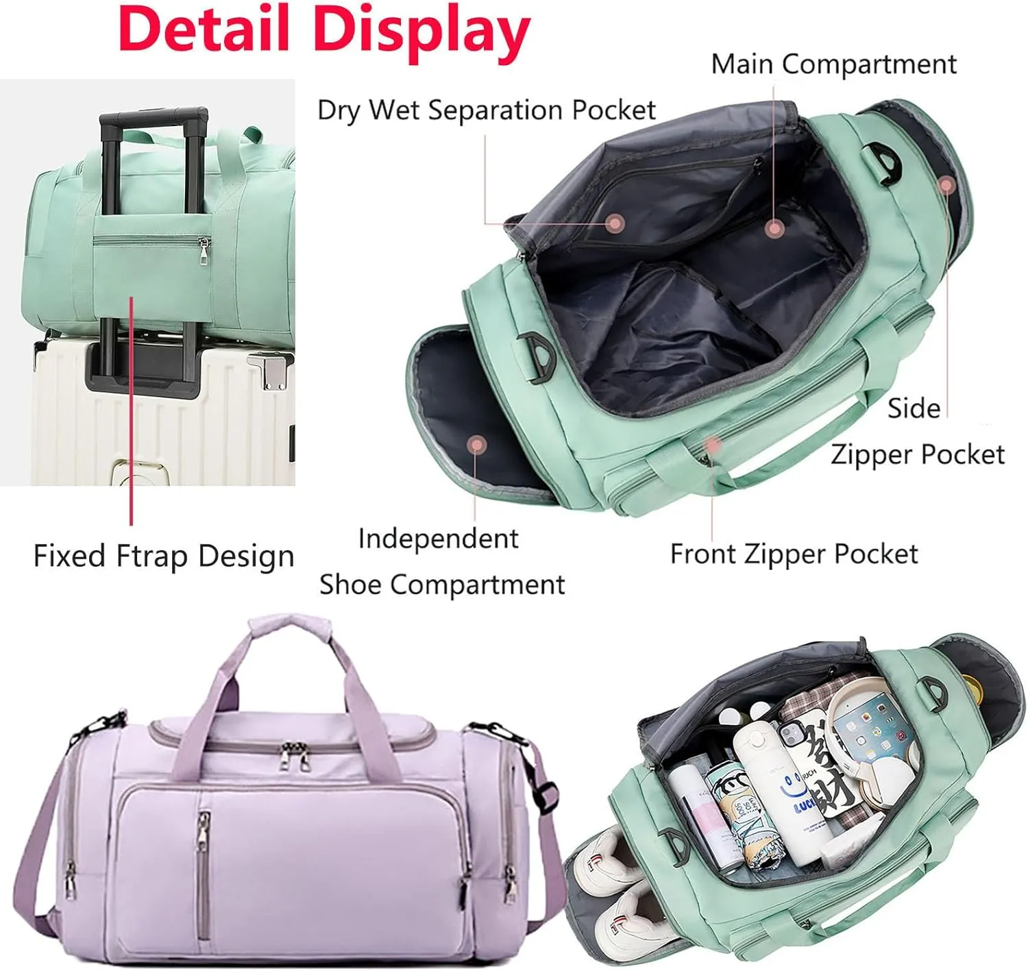 Waterproof Duffel Backpack with Shoe Compartment Dry Wet Separation 20"L Travel Gym Bag for Women Men (Purple)
