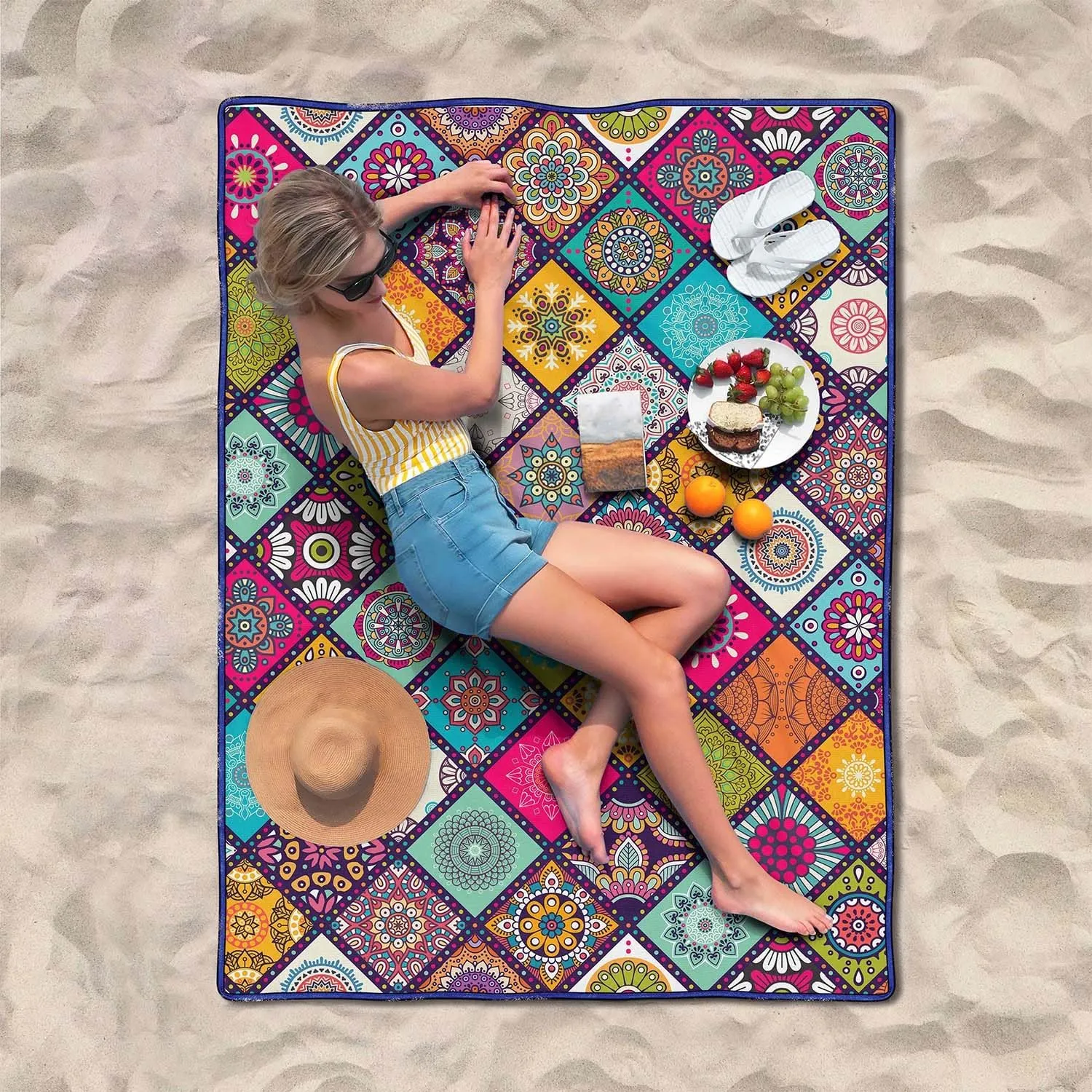Waterproof Picnic Blankets Foldable & Portable 60''x80'' Boho Picnic Mat for Outdoors, Large Washable Picnic Blanket for Travel Camping Beach, Park Grass Picnic Blanket Accessories for Adults