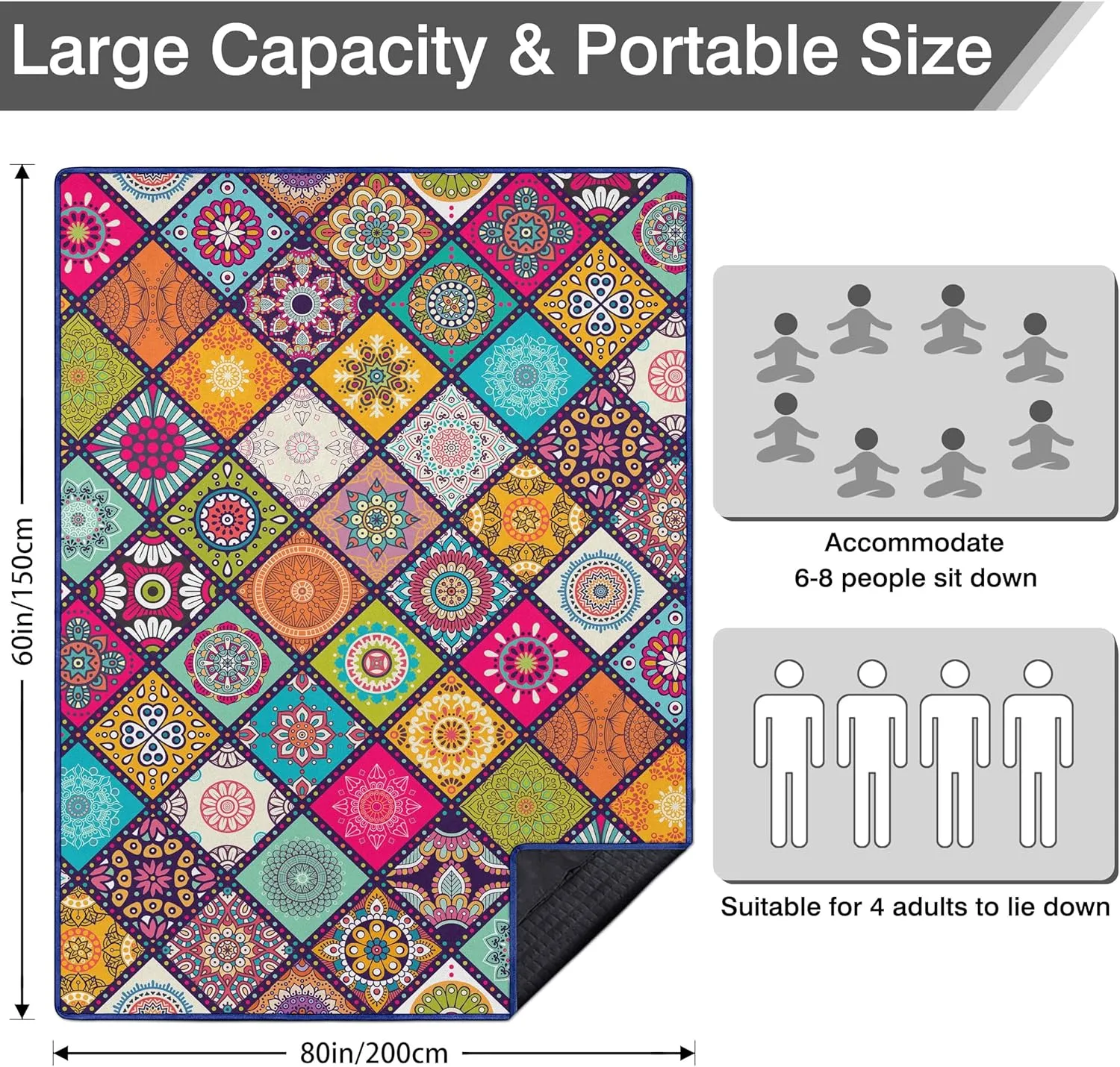 Waterproof Picnic Blankets Foldable & Portable 60''x80'' Boho Picnic Mat for Outdoors, Large Washable Picnic Blanket for Travel Camping Beach, Park Grass Picnic Blanket Accessories for Adults