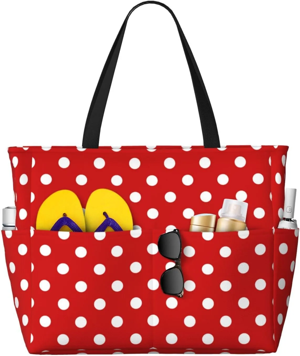 Waterproof Sandproof Beach Bag Red Vintage Polka Dots Swim Large Tote Pool Bag For Women With Zipper