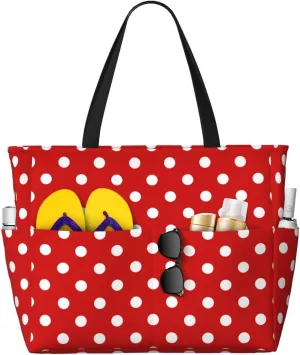 Waterproof Sandproof Beach Bag Red Vintage Polka Dots Swim Large Tote Pool Bag For Women With Zipper