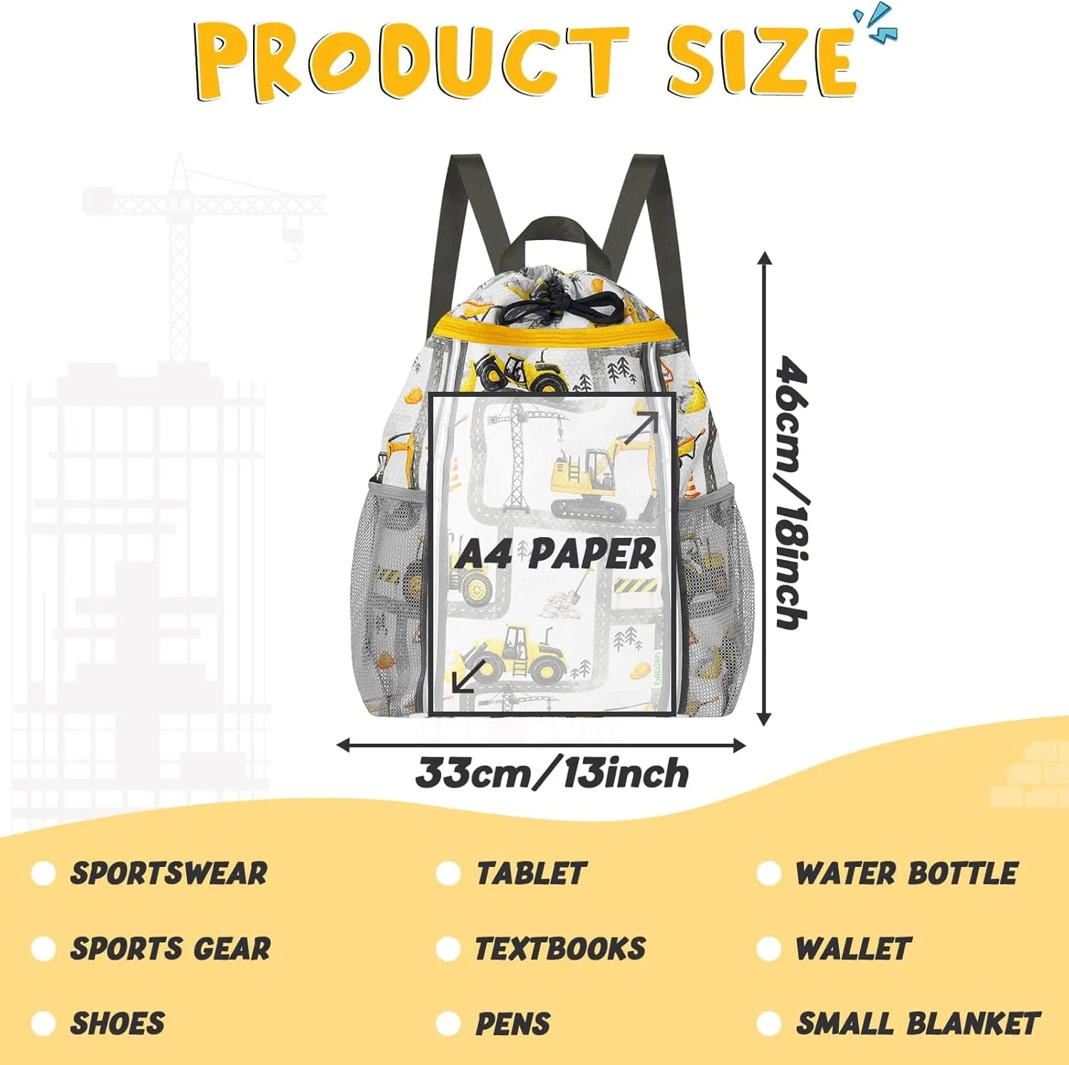 WAWSAM Kids Gym Drawstring Backpack String Bag, Truck Sports Gym Bag for Kids Boys Waterproof Swimming Beach String Cinch Backpack with Two Water Bottle Pocket
