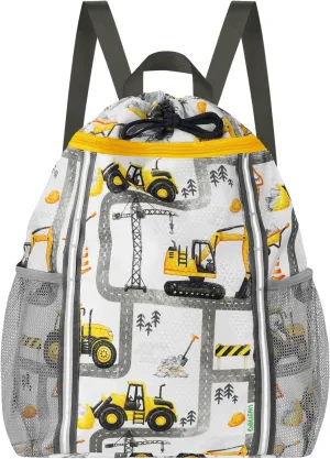 WAWSAM Kids Gym Drawstring Backpack String Bag, Truck Sports Gym Bag for Kids Boys Waterproof Swimming Beach String Cinch Backpack with Two Water Bottle Pocket