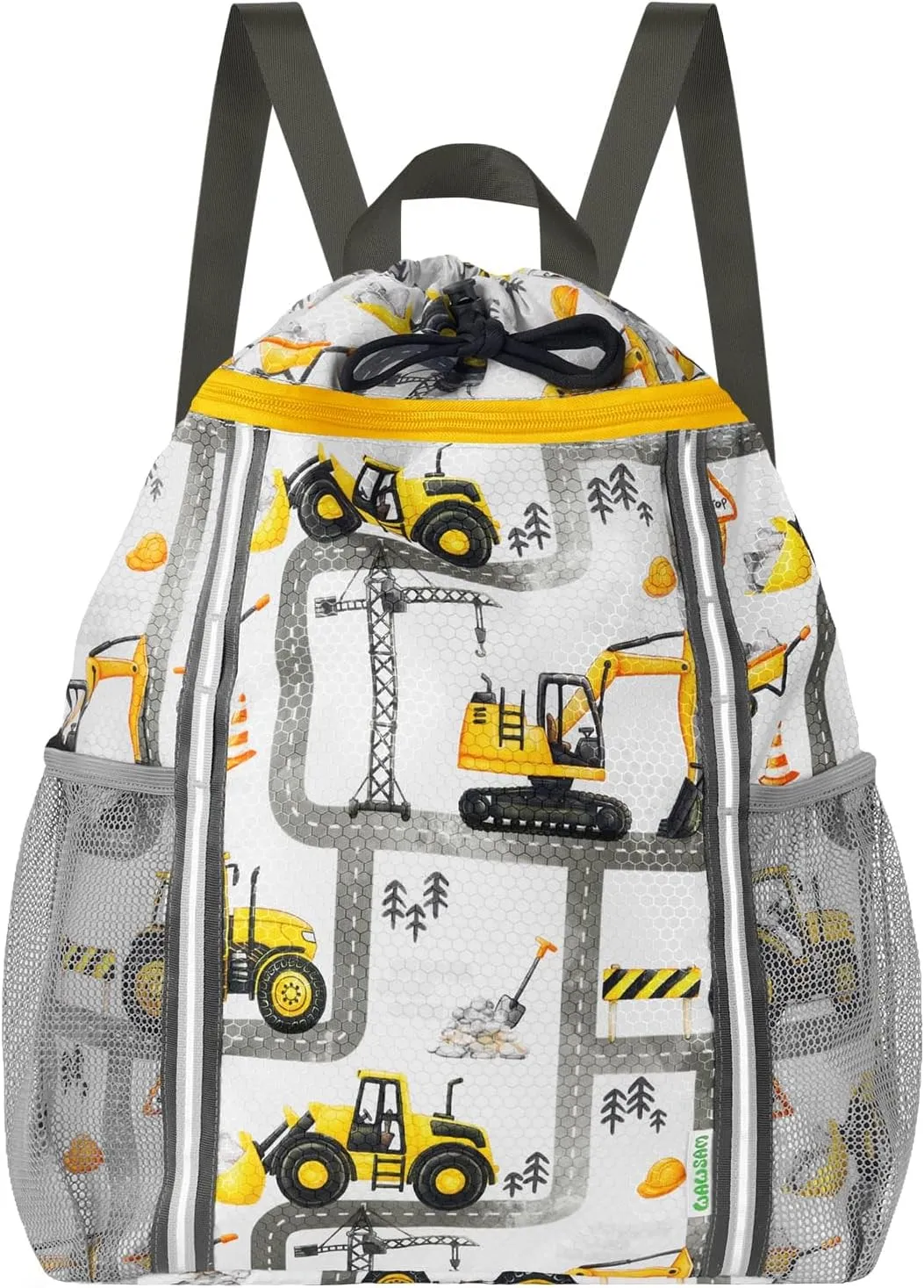 WAWSAM Kids Gym Drawstring Backpack String Bag, Truck Sports Gym Bag for Kids Boys Waterproof Swimming Beach String Cinch Backpack with Two Water Bottle Pocket