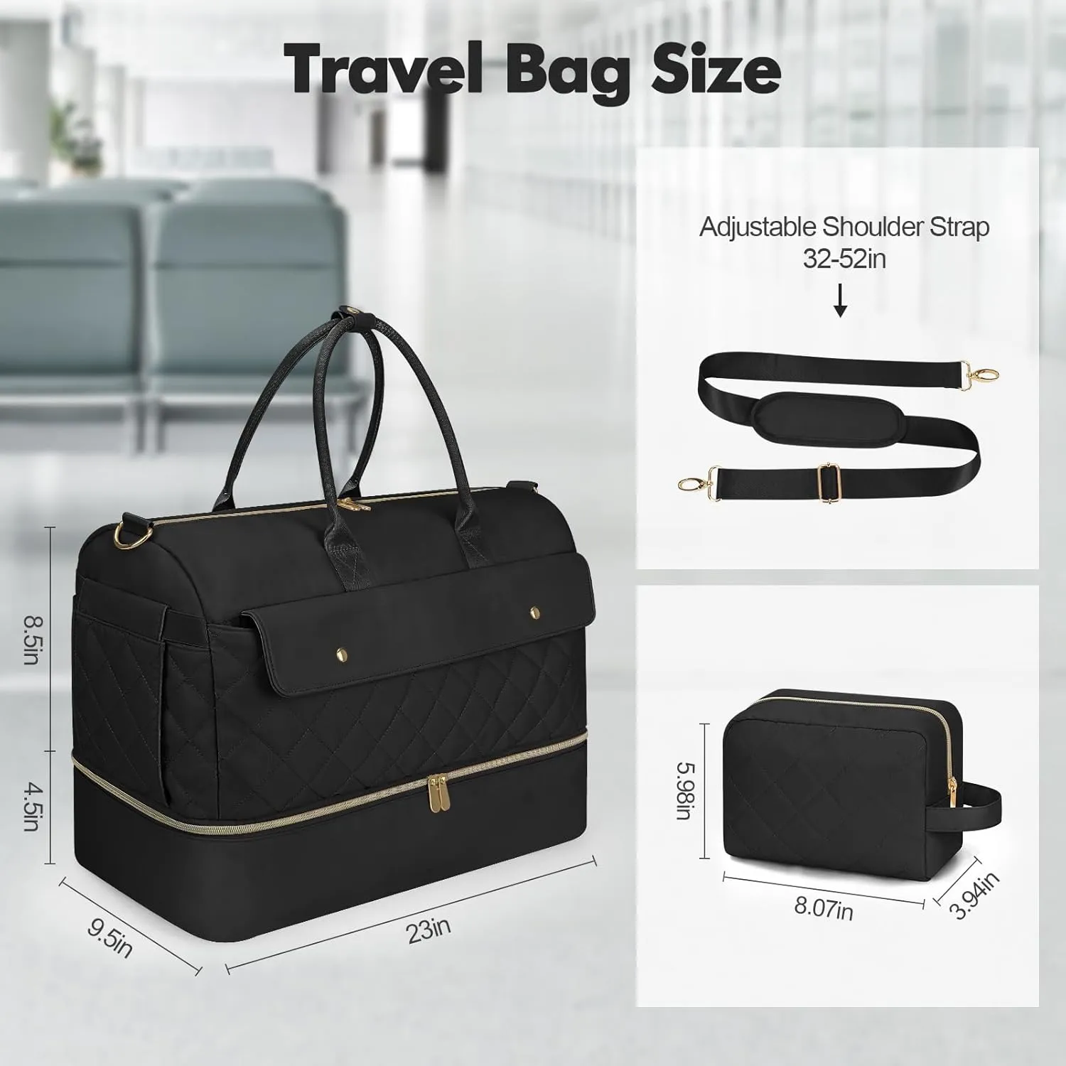 Wedama Weekender Bags for Women, Extra Large Travel Duffel Bag with Shoe Compartment, Carry on Overnight Bag with Toiletry Makeup Bag, Gym Bag Travel Tote Bag for Travel Gym Camping Hospital, Black