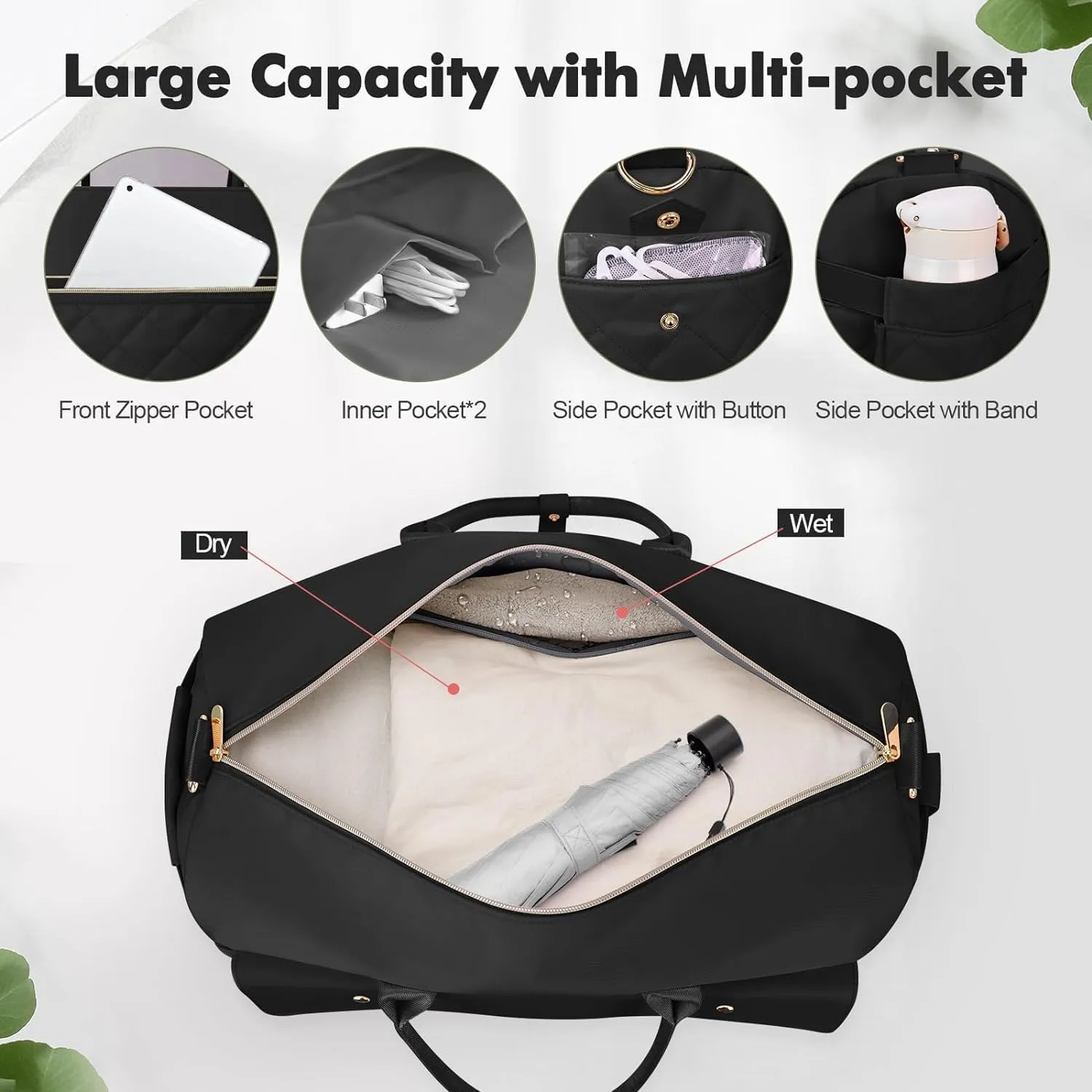 Wedama Weekender Bags for Women, Extra Large Travel Duffel Bag with Shoe Compartment, Carry on Overnight Bag with Toiletry Makeup Bag, Gym Bag Travel Tote Bag for Travel Gym Camping Hospital, Black