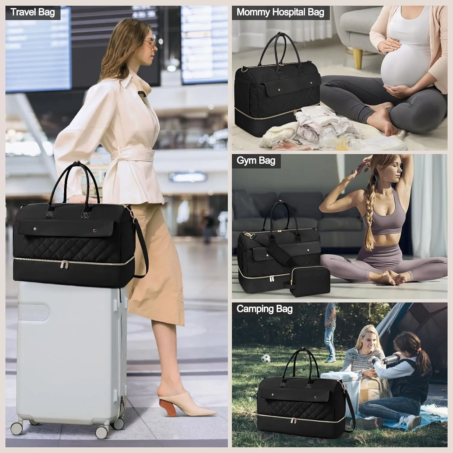 Wedama Weekender Bags for Women, Extra Large Travel Duffel Bag with Shoe Compartment, Carry on Overnight Bag with Toiletry Makeup Bag, Gym Bag Travel Tote Bag for Travel Gym Camping Hospital, Black