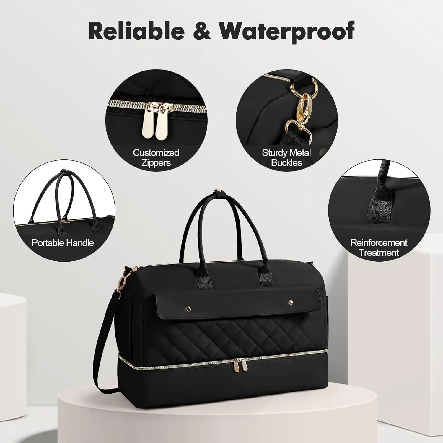 Wedama Weekender Bags for Women, Extra Large Travel Duffel Bag with Shoe Compartment, Carry on Overnight Bag with Toiletry Makeup Bag, Gym Bag Travel Tote Bag for Travel Gym Camping Hospital, Black