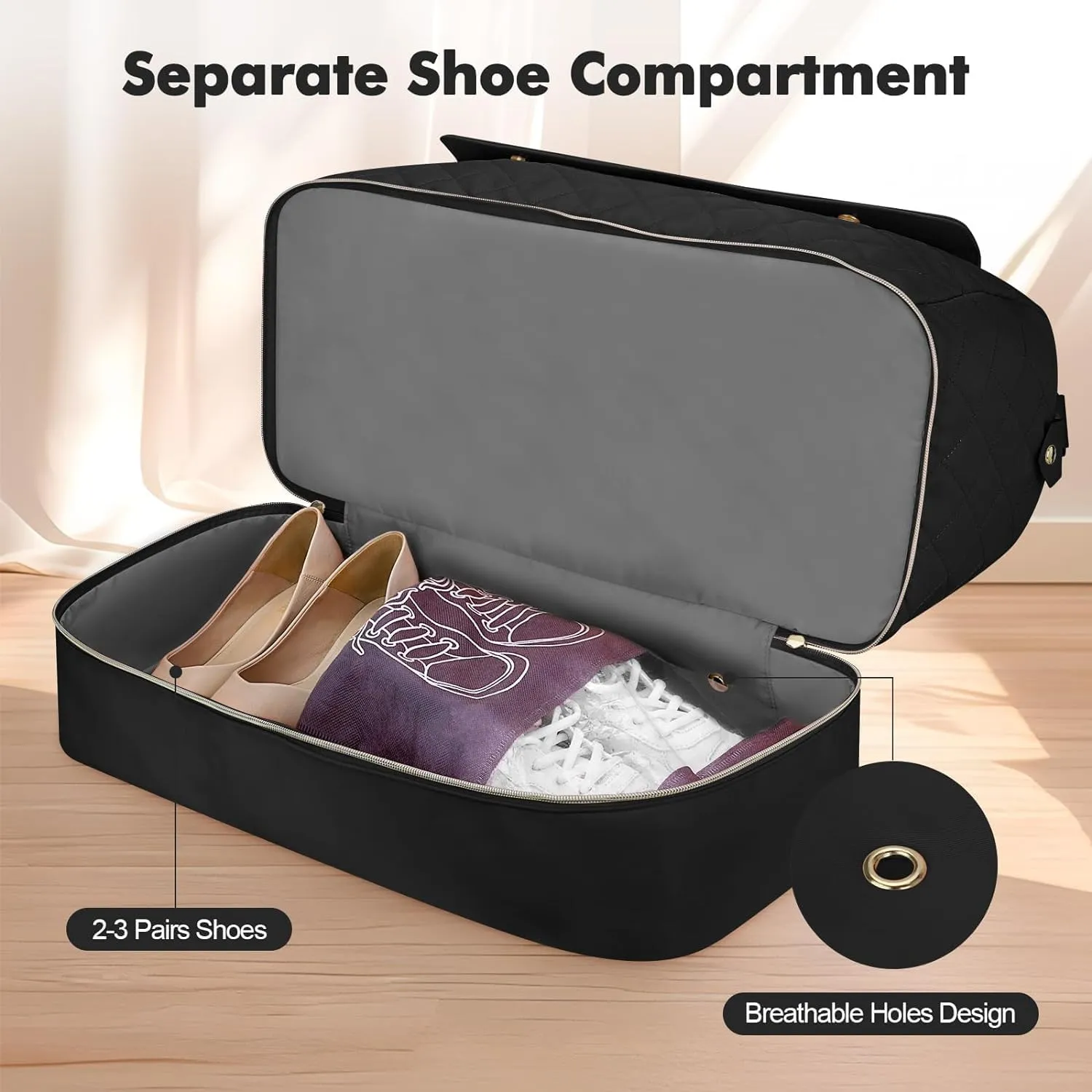 Wedama Weekender Bags for Women, Extra Large Travel Duffel Bag with Shoe Compartment, Carry on Overnight Bag with Toiletry Makeup Bag, Gym Bag Travel Tote Bag for Travel Gym Camping Hospital, Black