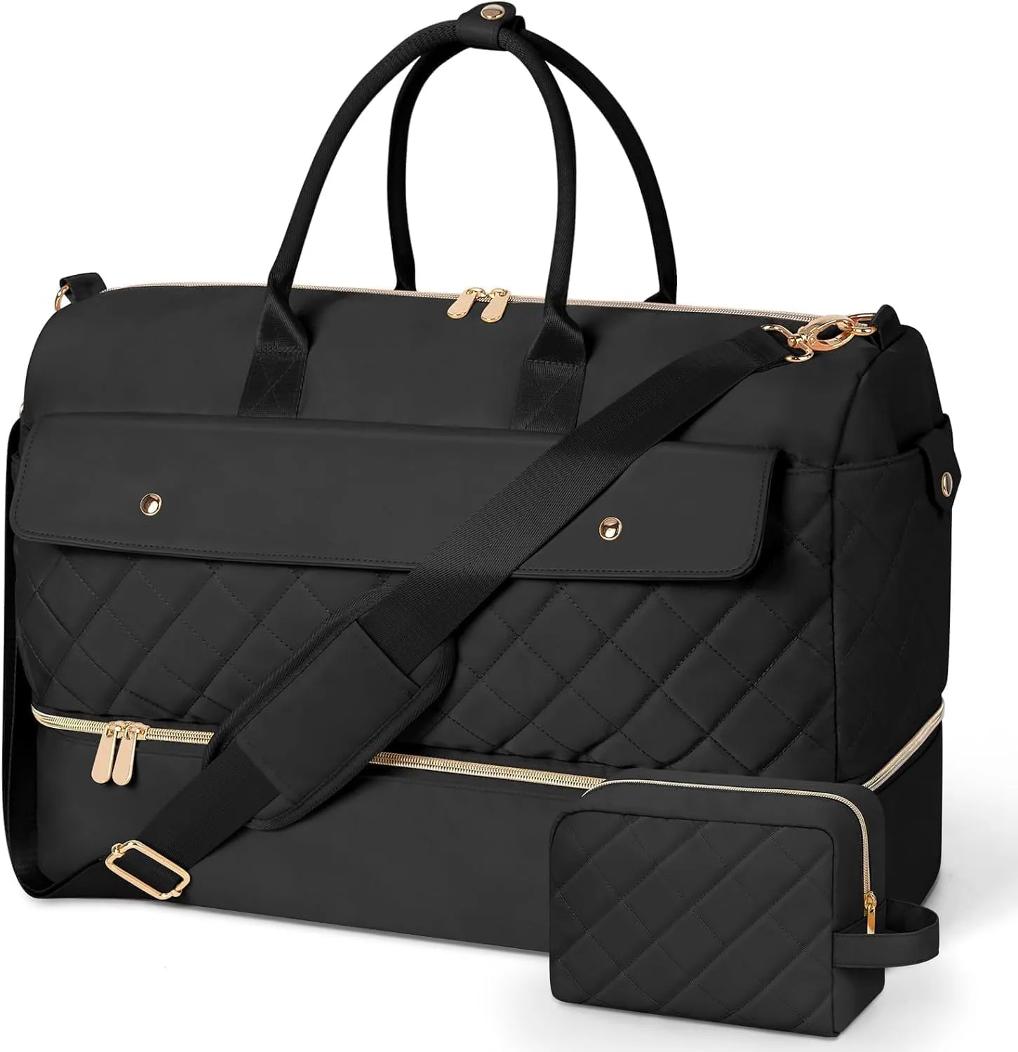 Wedama Weekender Bags for Women, Extra Large Travel Duffel Bag with Shoe Compartment, Carry on Overnight Bag with Toiletry Makeup Bag, Gym Bag Travel Tote Bag for Travel Gym Camping Hospital, Black