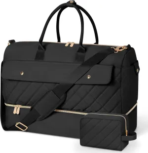 Wedama Weekender Bags for Women, Extra Large Travel Duffel Bag with Shoe Compartment, Carry on Overnight Bag with Toiletry Makeup Bag, Gym Bag Travel Tote Bag for Travel Gym Camping Hospital, Black