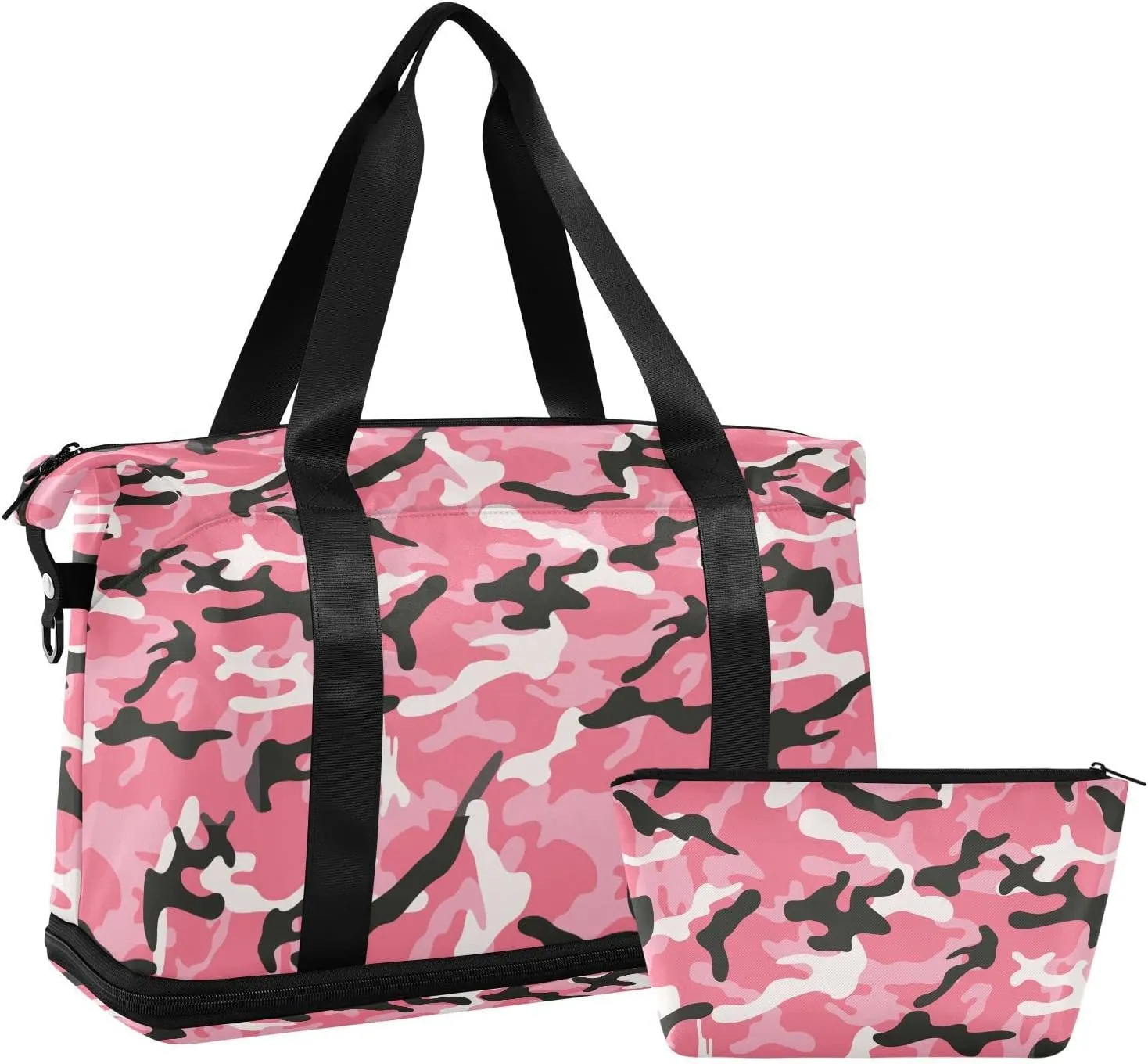 Weekender Bag for Women, Camo Pink Camouflage Gym Bag Sports Duffle Bag Travel Tote Bag with Toiletry Bag Shoes Compartment Dry/Wet Separation Swim Bag