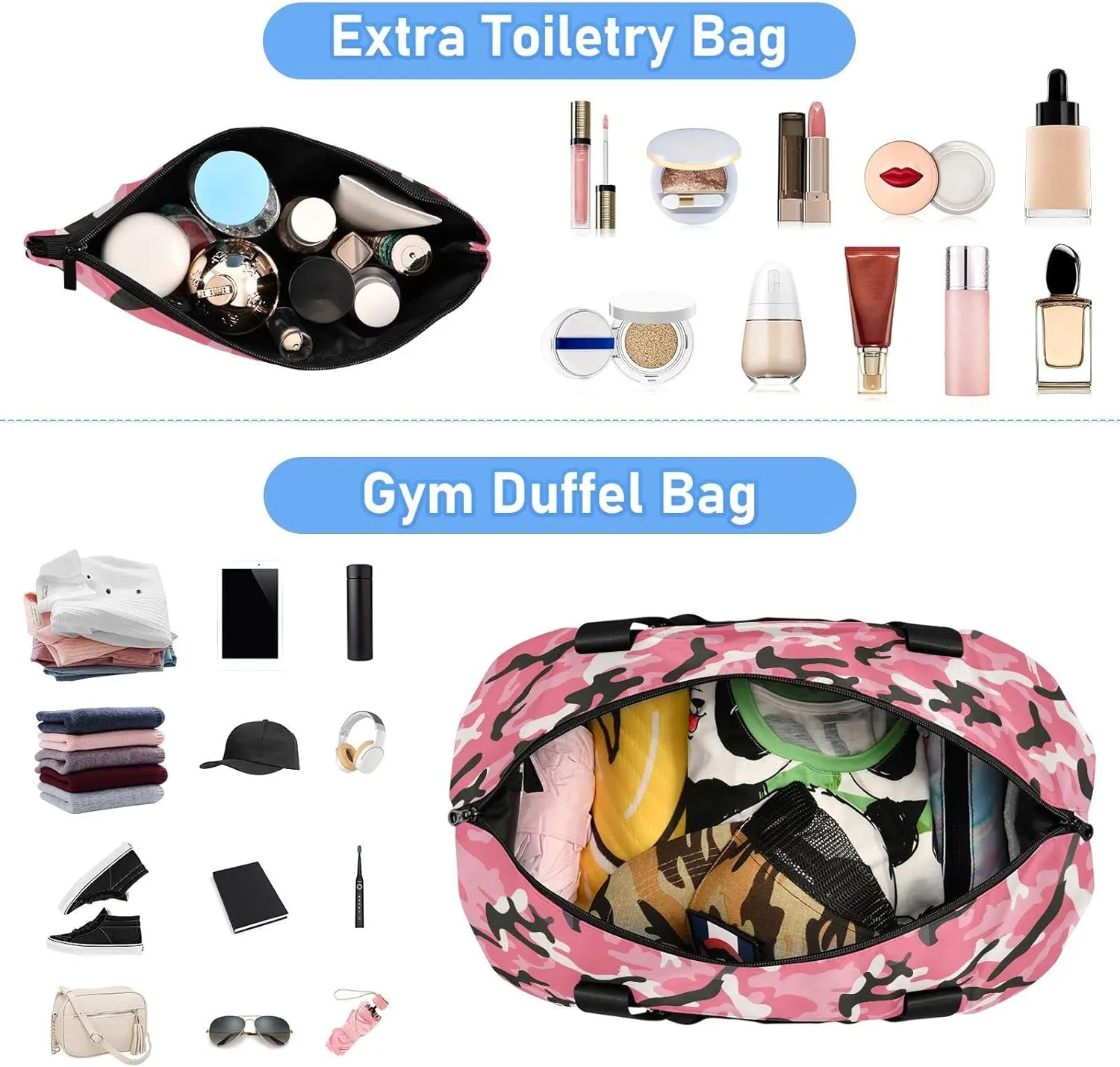 Weekender Bag for Women, Camo Pink Camouflage Gym Bag Sports Duffle Bag Travel Tote Bag with Toiletry Bag Shoes Compartment Dry/Wet Separation Swim Bag