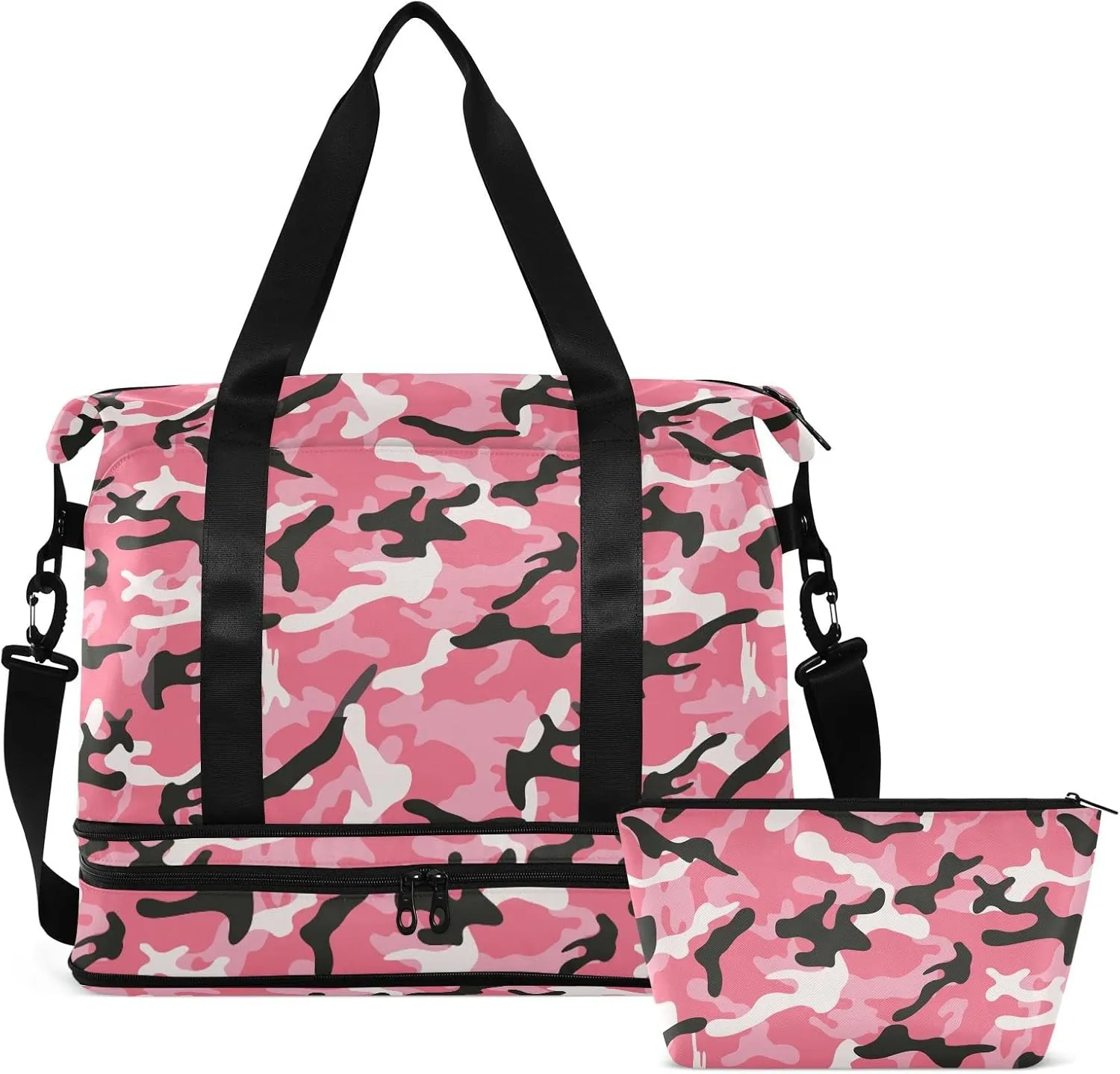 Weekender Bag for Women, Camo Pink Camouflage Gym Bag Sports Duffle Bag Travel Tote Bag with Toiletry Bag Shoes Compartment Dry/Wet Separation Swim Bag