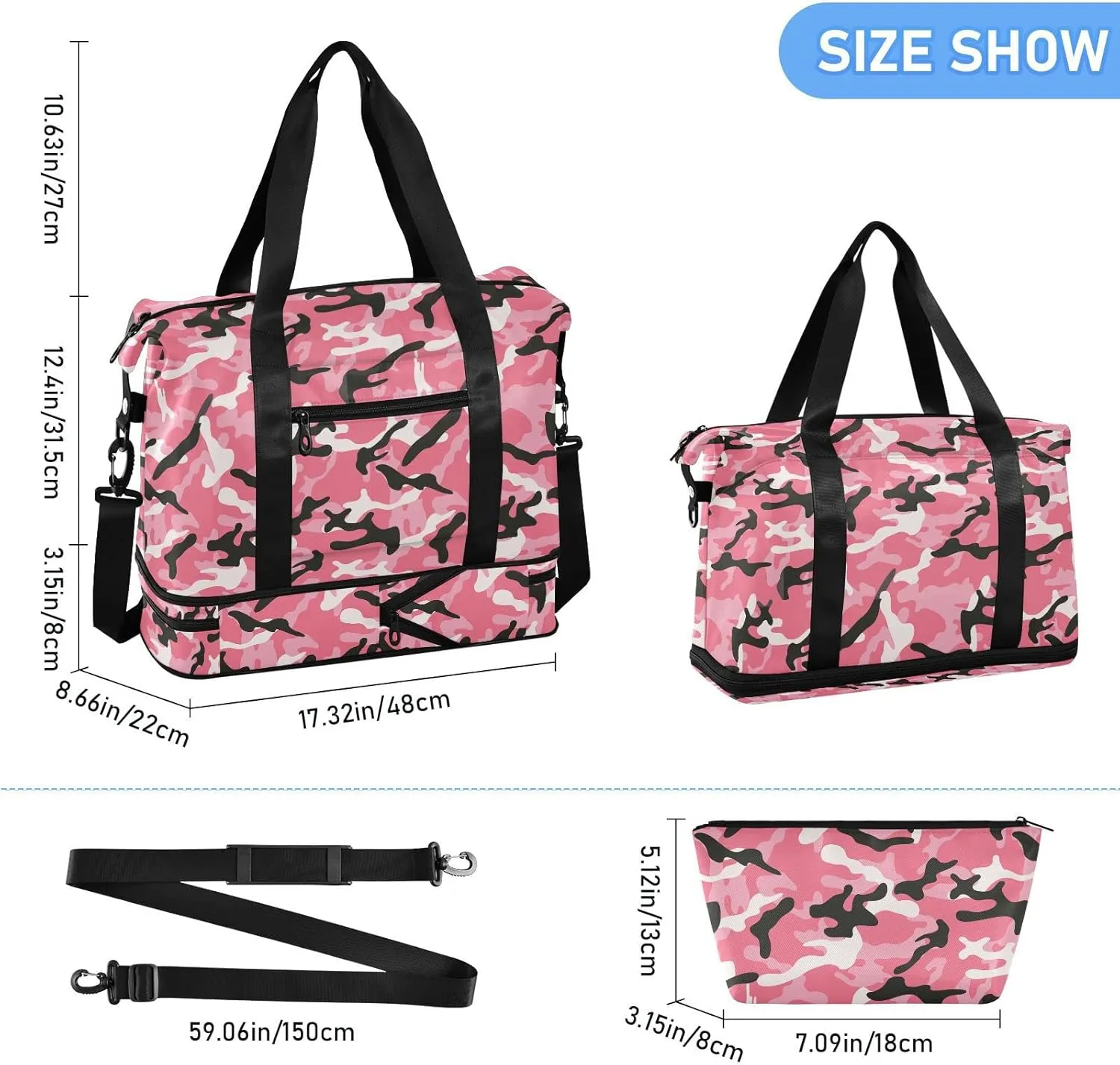 Weekender Bag for Women, Camo Pink Camouflage Gym Bag Sports Duffle Bag Travel Tote Bag with Toiletry Bag Shoes Compartment Dry/Wet Separation Swim Bag