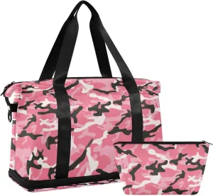 Weekender Bag for Women, Camo Pink Camouflage Gym Bag Sports Duffle Bag Travel Tote Bag with Toiletry Bag Shoes Compartment Dry/Wet Separation Swim Bag