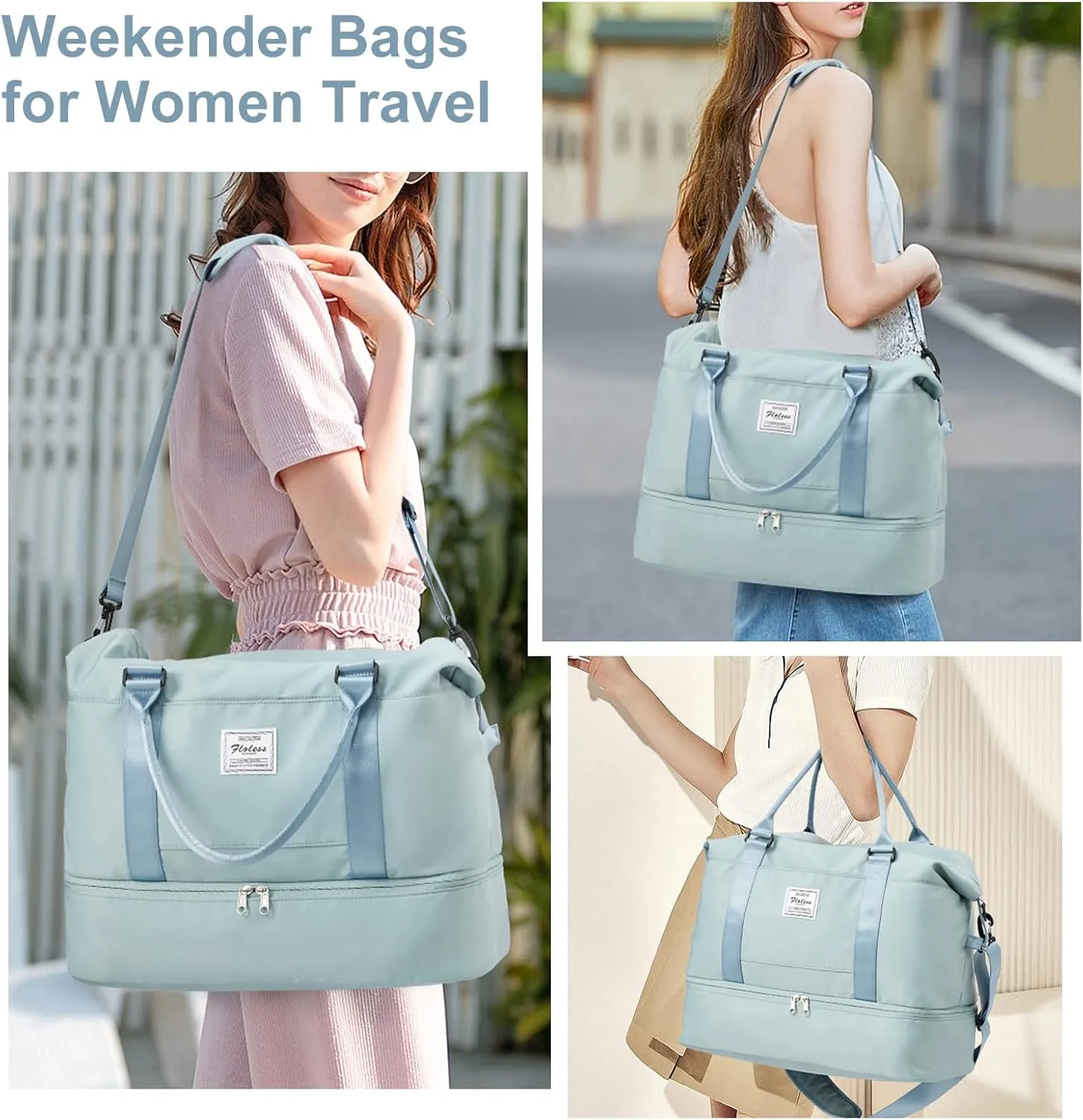 Weekender Bags for Women, Travel Duffel Bags with Shoe Compartment,Personal Item Travel Bag for Airlines, Carry on Overnight Tote Bag for women with Toiletry Bag，Light Blue