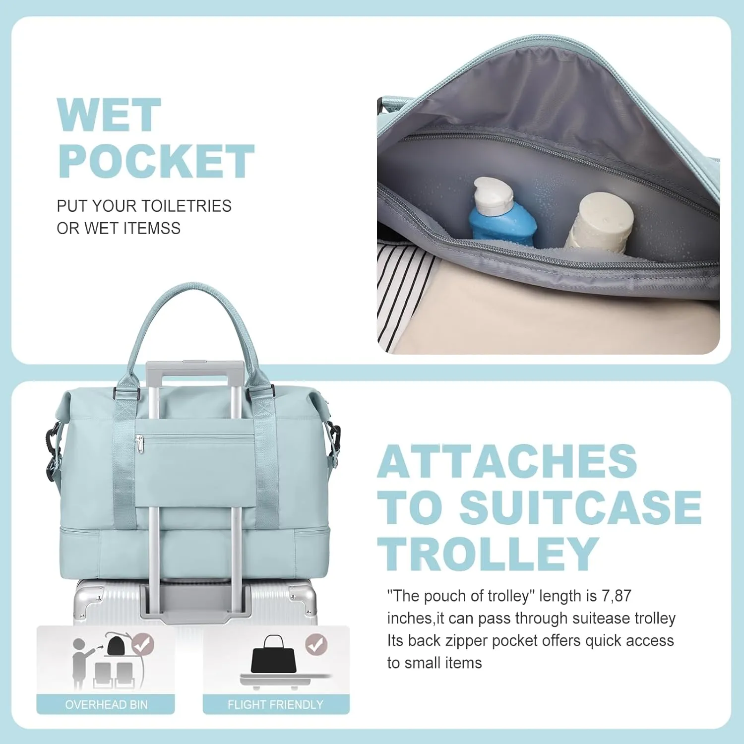 Weekender Bags for Women, Travel Duffel Bags with Shoe Compartment,Personal Item Travel Bag for Airlines, Carry on Overnight Tote Bag for women with Toiletry Bag，Light Blue