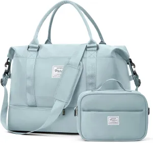 Weekender Bags for Women, Travel Duffel Bags with Shoe Compartment,Personal Item Travel Bag for Airlines, Carry on Overnight Tote Bag for women with Toiletry Bag，Light Blue
