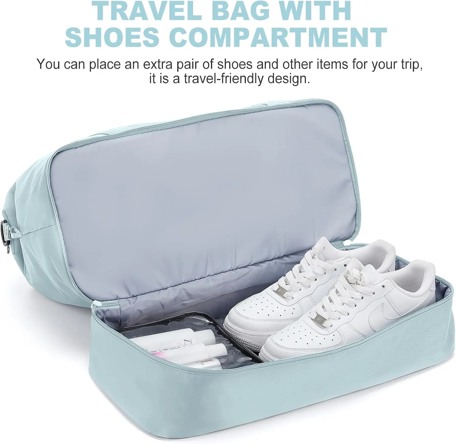 Weekender Bags for Women, Travel Duffel Bags with Shoe Compartment,Personal Item Travel Bag for Airlines, Carry on Overnight Tote Bag for women with Toiletry Bag，Light Blue