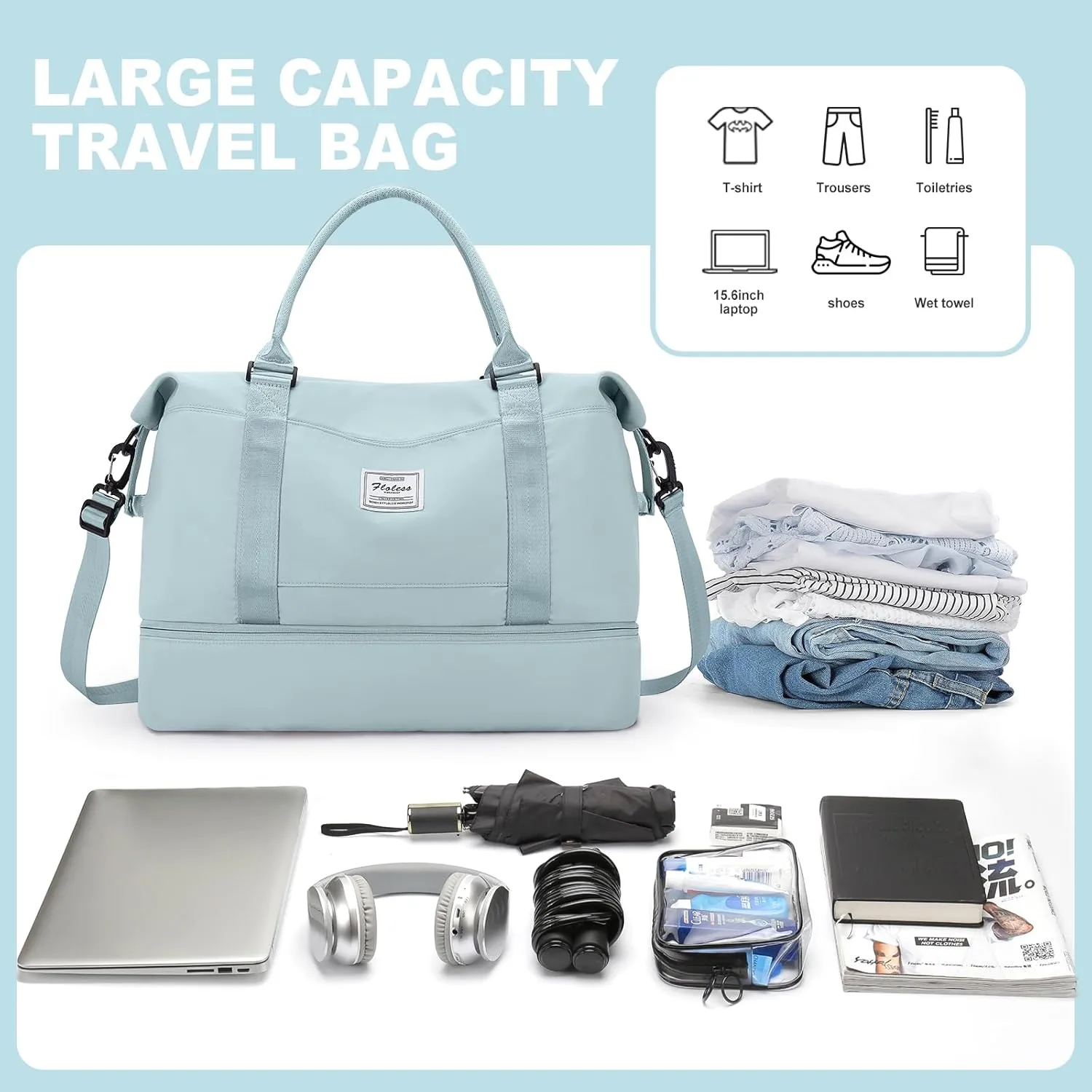 Weekender Bags for Women, Travel Duffel Bags with Shoe Compartment,Personal Item Travel Bag for Airlines, Carry on Overnight Tote Bag for women with Toiletry Bag，Light Blue