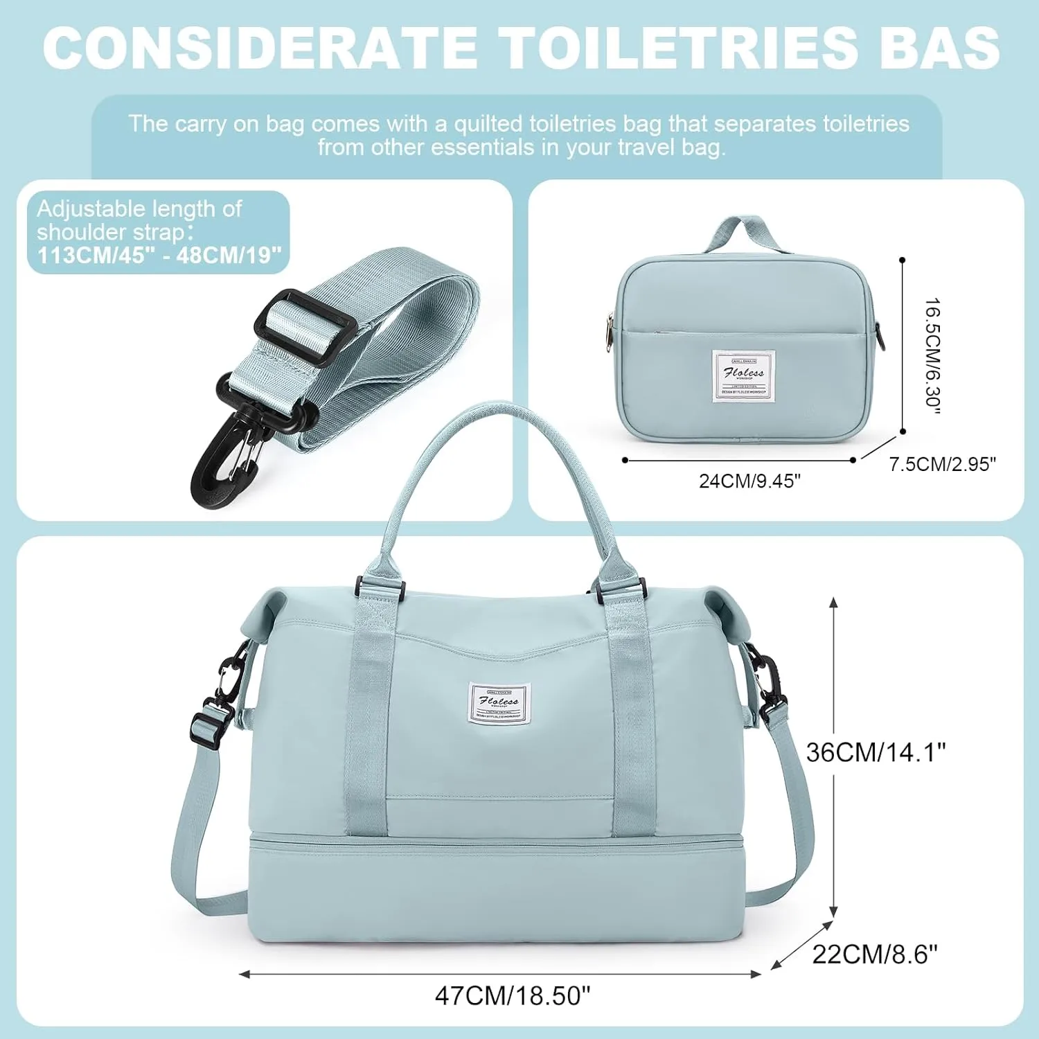Weekender Bags for Women, Travel Duffel Bags with Shoe Compartment,Personal Item Travel Bag for Airlines, Carry on Overnight Tote Bag for women with Toiletry Bag，Light Blue