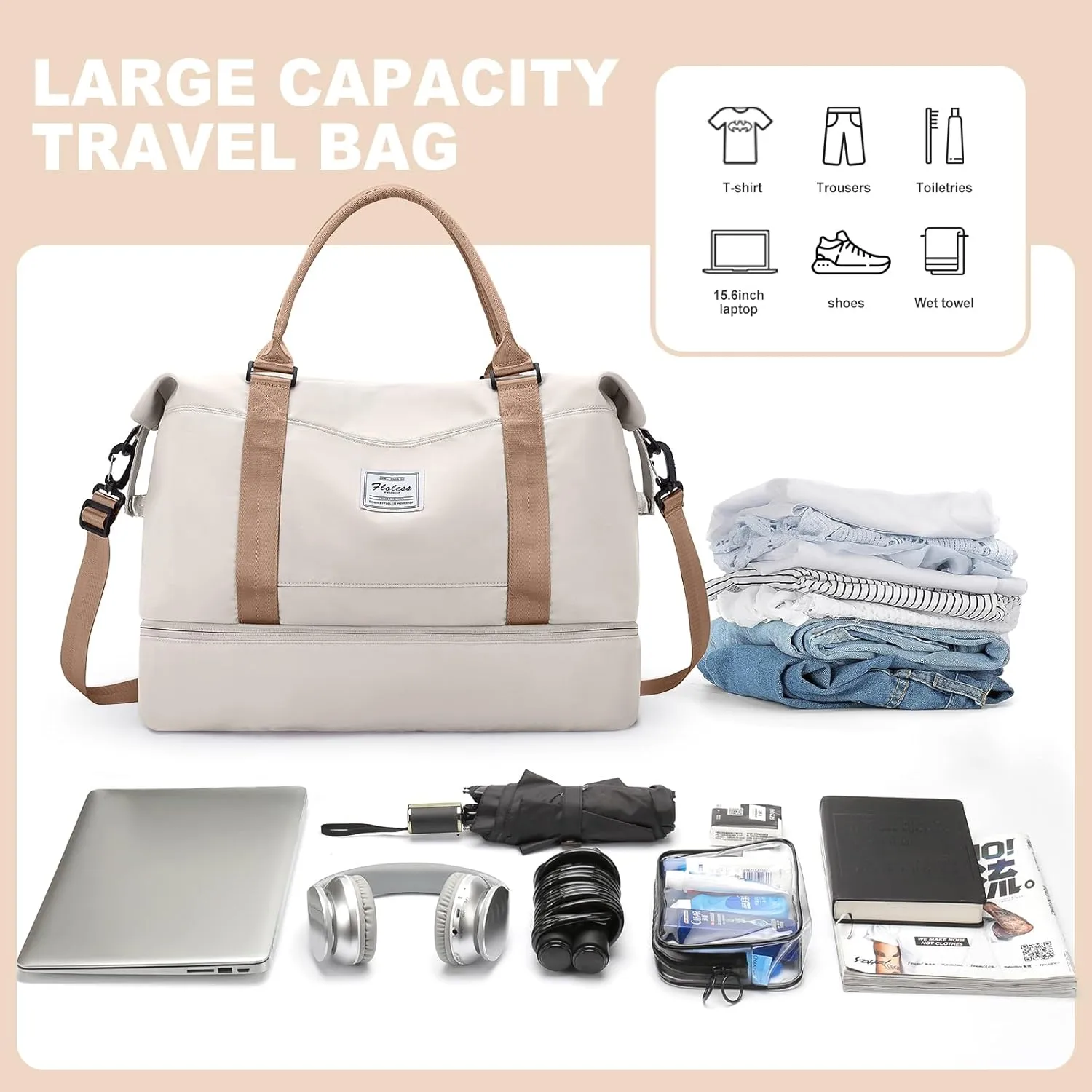 Weekender Bags for Women, Travel Duffel Bags with Shoe Compartment,Personal Item Travel Bag for Airlines, Carry on Overnight Tote Bag for women，Beige&Brown
