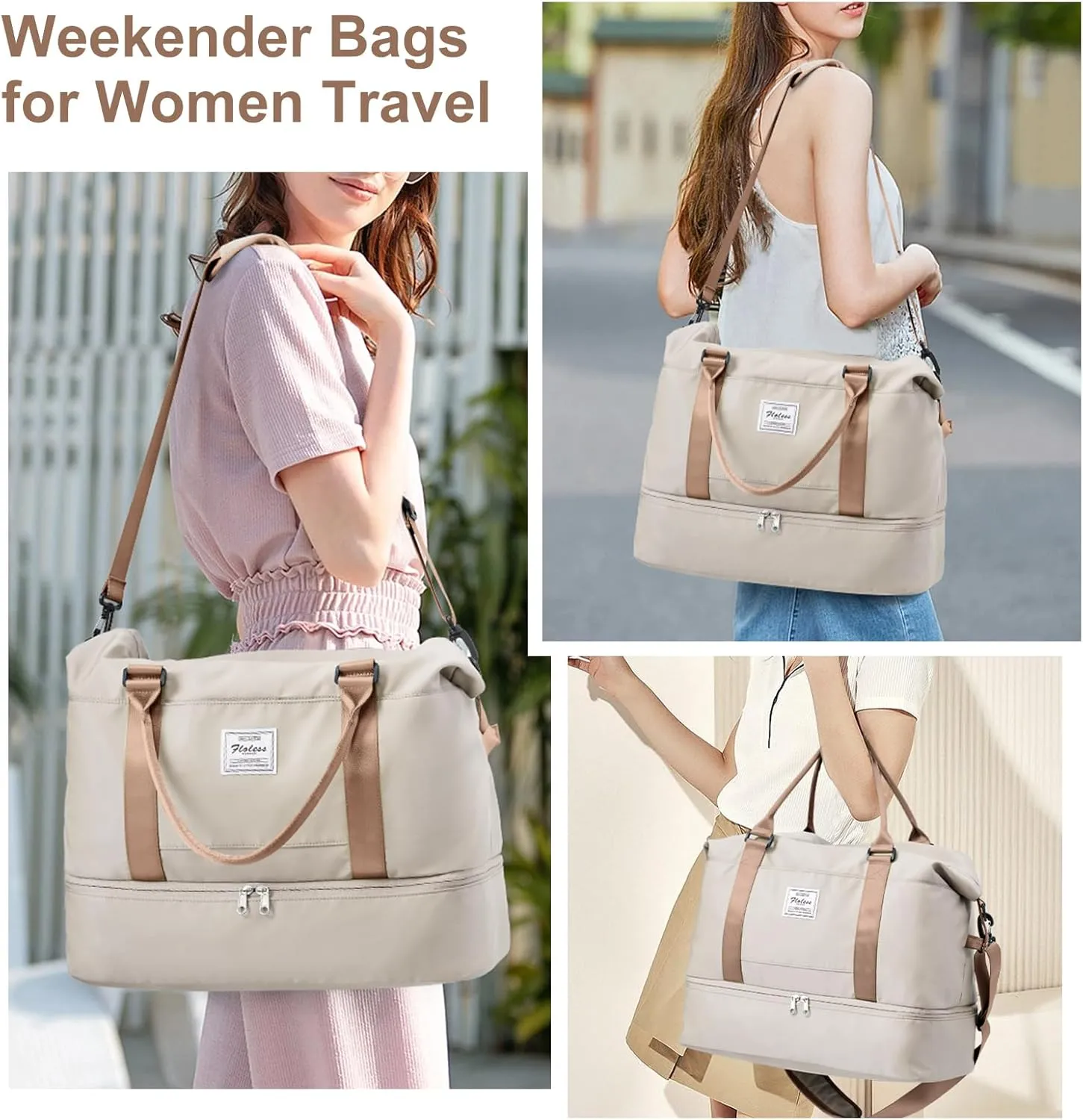 Weekender Bags for Women, Travel Duffel Bags with Shoe Compartment,Personal Item Travel Bag for Airlines, Carry on Overnight Tote Bag for women，Beige&Brown