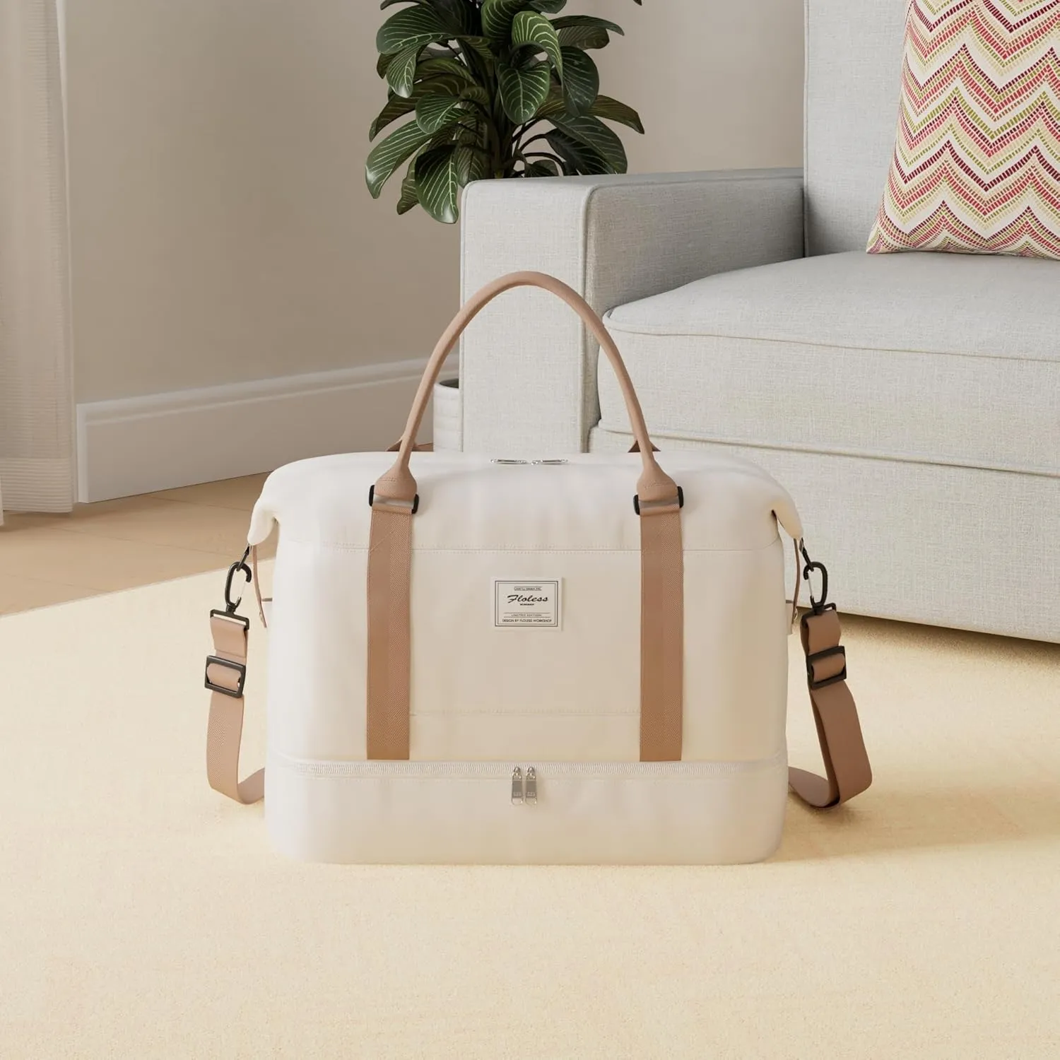 Weekender Bags for Women, Travel Duffel Bags with Shoe Compartment,Personal Item Travel Bag for Airlines, Carry on Overnight Tote Bag for women，Beige&Brown