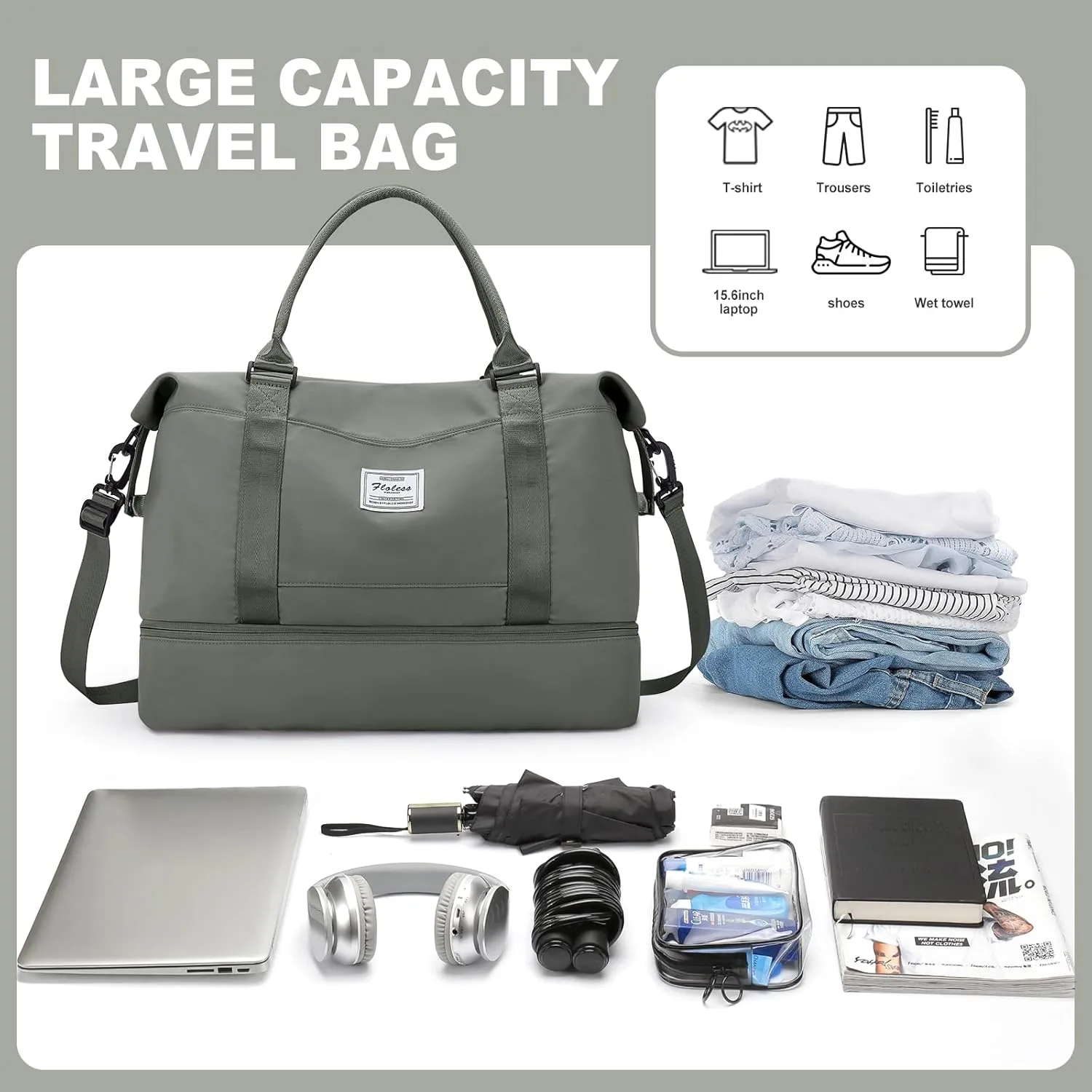 Weekender Bags for Women, Travel Duffel Bags with Shoe Compartment,Personal Item Travel Bag for Airlines, Carry on Overnight Tote Bag for women，Olive Green