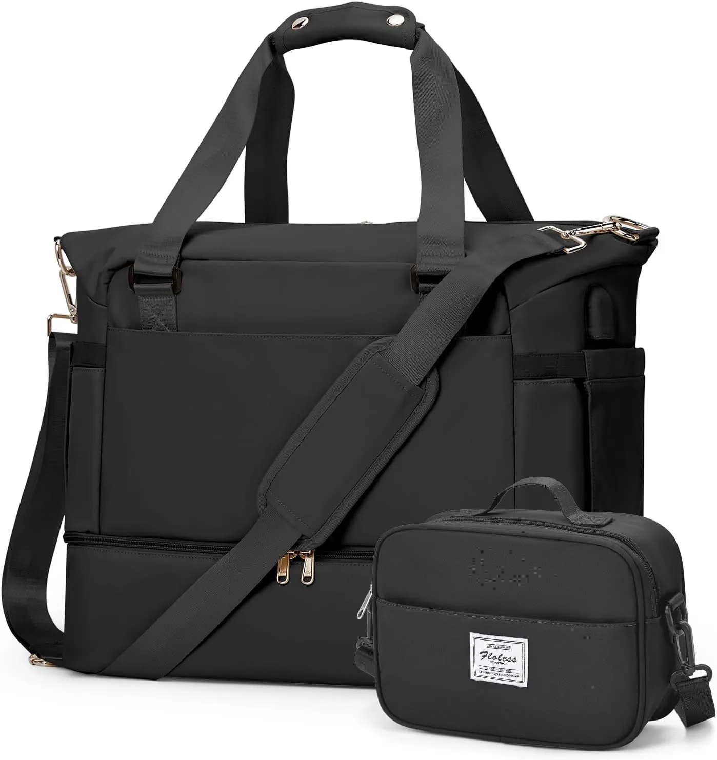 Weekender Bags for Women, Travel Duffel with Shoe Compartment USB Charging, Carry On Gym Duffle Bag with Wet Pocket, Personal Item Overnight Tote Bag for Airlines with Toiletry Bag, Black