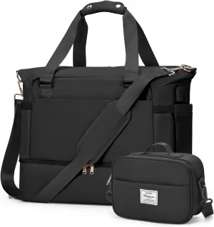 Weekender Bags for Women, Travel Duffel with Shoe Compartment USB Charging, Carry On Gym Duffle Bag with Wet Pocket, Personal Item Overnight Tote Bag for Airlines with Toiletry Bag, Black