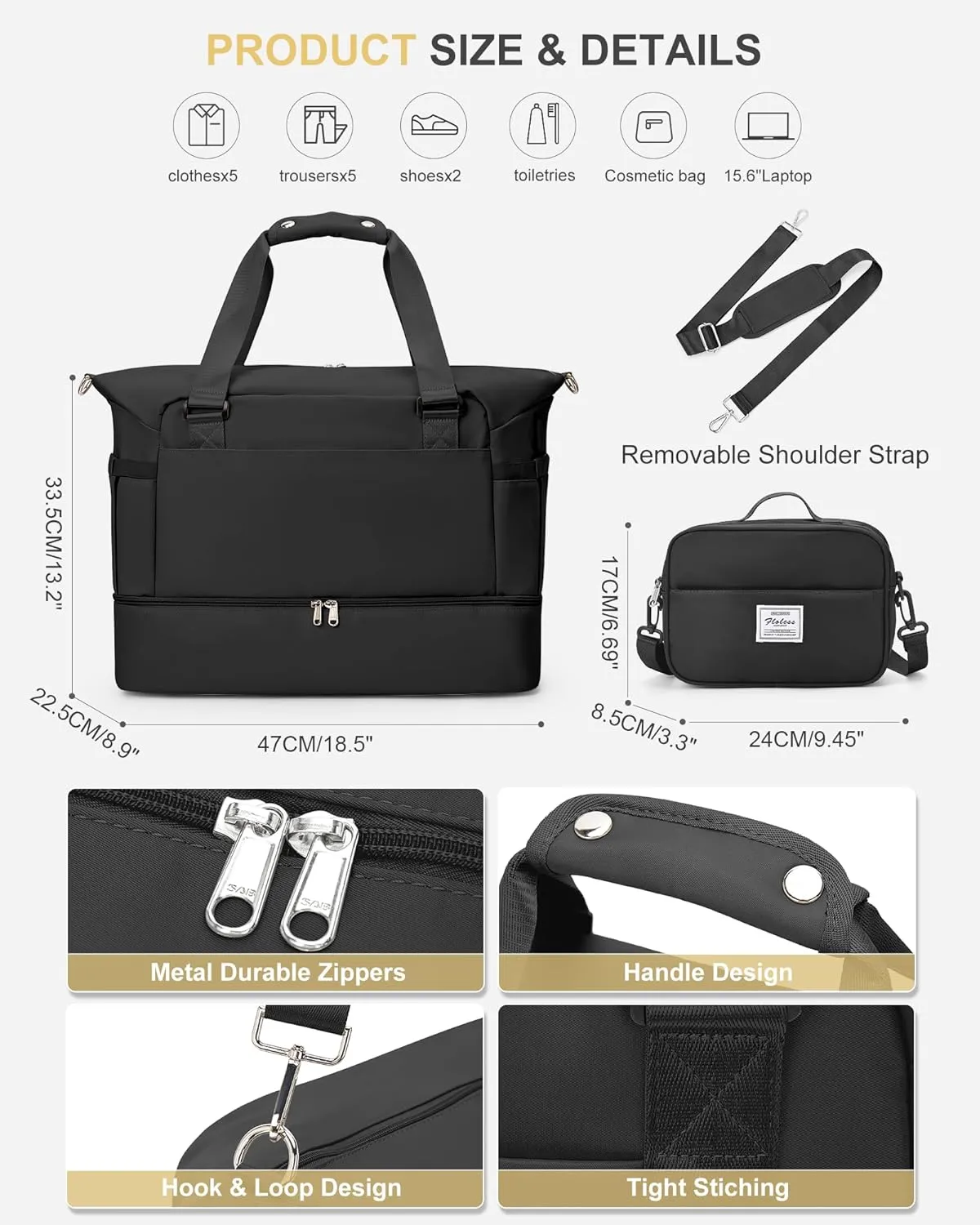 Weekender Bags for Women, Travel Duffel with Shoe Compartment USB Charging, Carry On Gym Duffle Bag with Wet Pocket, Personal Item Overnight Tote Bag for Airlines with Toiletry Bag, Black