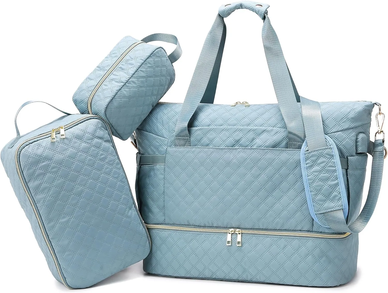 Weekender Overnight Bag, Large Travel Duffle Bags with Shoe Compartment & Wet Pocket & Insulated Cooler Pocket, Carry On Tote Bag Gym Duffel Bag with Toiletry Bags for Hospital 3 Pcs Set (Light Blue)