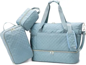 Weekender Overnight Bag, Large Travel Duffle Bags with Shoe Compartment & Wet Pocket & Insulated Cooler Pocket, Carry On Tote Bag Gym Duffel Bag with Toiletry Bags for Hospital 3 Pcs Set (Light Blue)