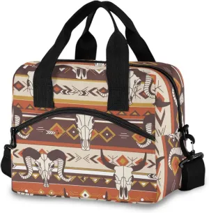 Western Aztec Lunch Bag Insulated Waterproof Reusable Tote Bag Durable Portable Large Lunchbox Handbag with Strap for Women Men