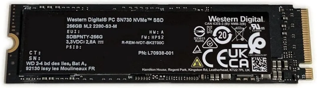 Western Digital WD 256GB Gaming SSD PC SN730 Black L70938-001 M.2 2280 PCIe Gen3 x4 NVMe SDBPNTY-256G Solid State Drive for Dell HP Omen Victus Lenovo Laptop Desktop Ultrabook