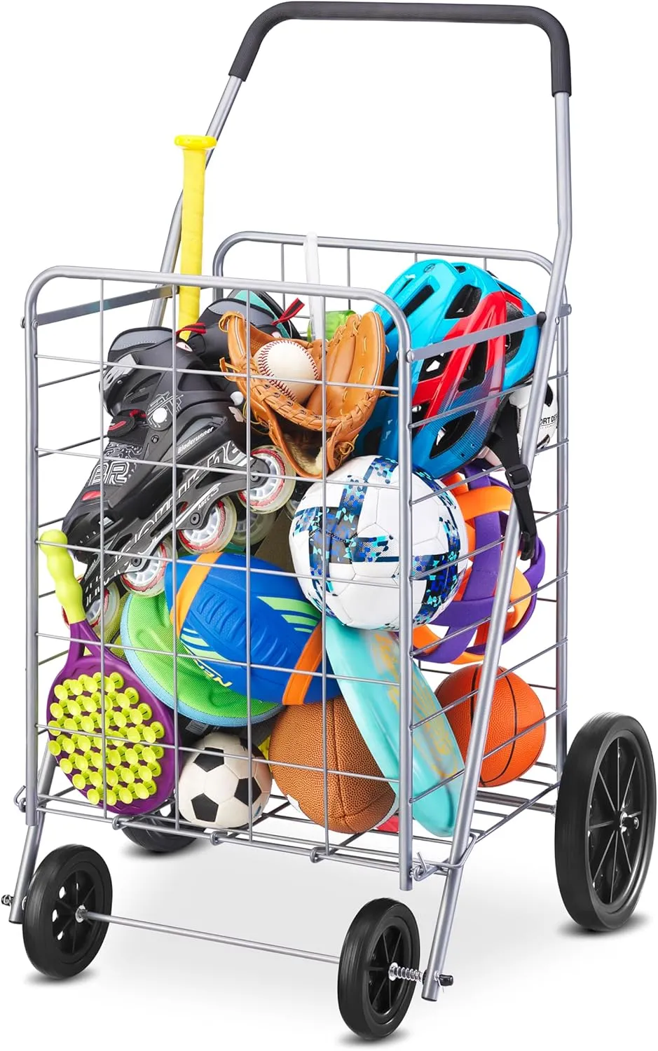 Whitmor Deluxe Utility Foldable Shopping Cart with Wheels, 100 Lb Capacity, Heavy Duty Grocery Cart with Steel Frame, Foam Handle, Rolling Folding Utility Trolley for Grocery, Laundry, Travel, Gray