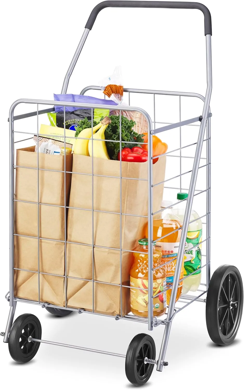 Whitmor Deluxe Utility Foldable Shopping Cart with Wheels, 100 Lb Capacity, Heavy Duty Grocery Cart with Steel Frame, Foam Handle, Rolling Folding Utility Trolley for Grocery, Laundry, Travel, Gray