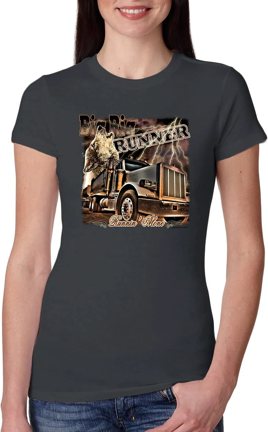 Wild Bobby Big Rig Runner Trailer Truck Runnin Alone Cars and Trucks Womens Slim Fit Junior Tee