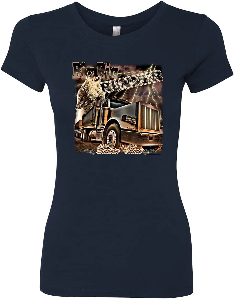 Wild Bobby Big Rig Runner Trailer Truck Runnin Alone Cars and Trucks Womens Slim Fit Junior Tee