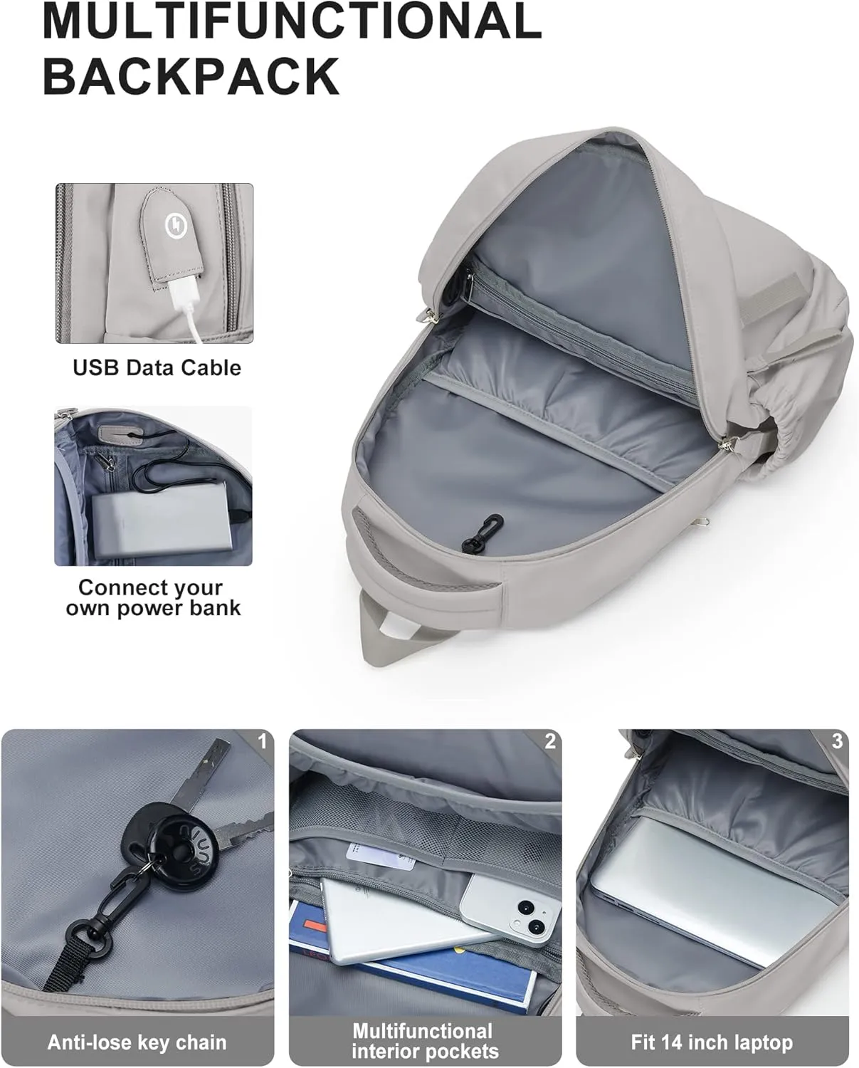 winspansy Small Backpack For School Girls Boys Aesthetic Lightweight Travel Daypack Simple Cute Backpack For Women Men College High School Bookbag Fit 14 Inch Laptop With USB charging port,Rrey Brown