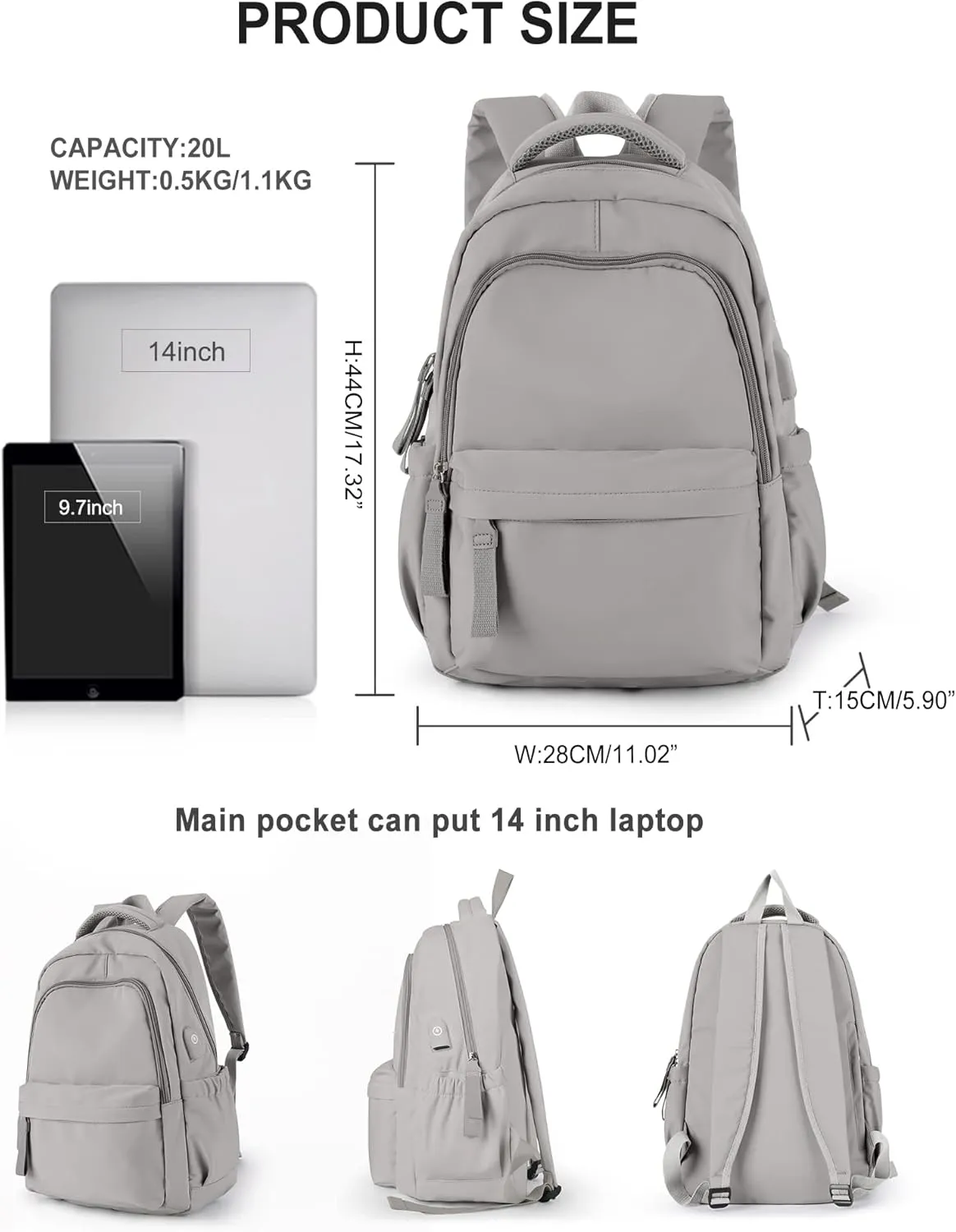 winspansy Small Backpack For School Girls Boys Aesthetic Lightweight Travel Daypack Simple Cute Backpack For Women Men College High School Bookbag Fit 14 Inch Laptop With USB charging port,Rrey Brown