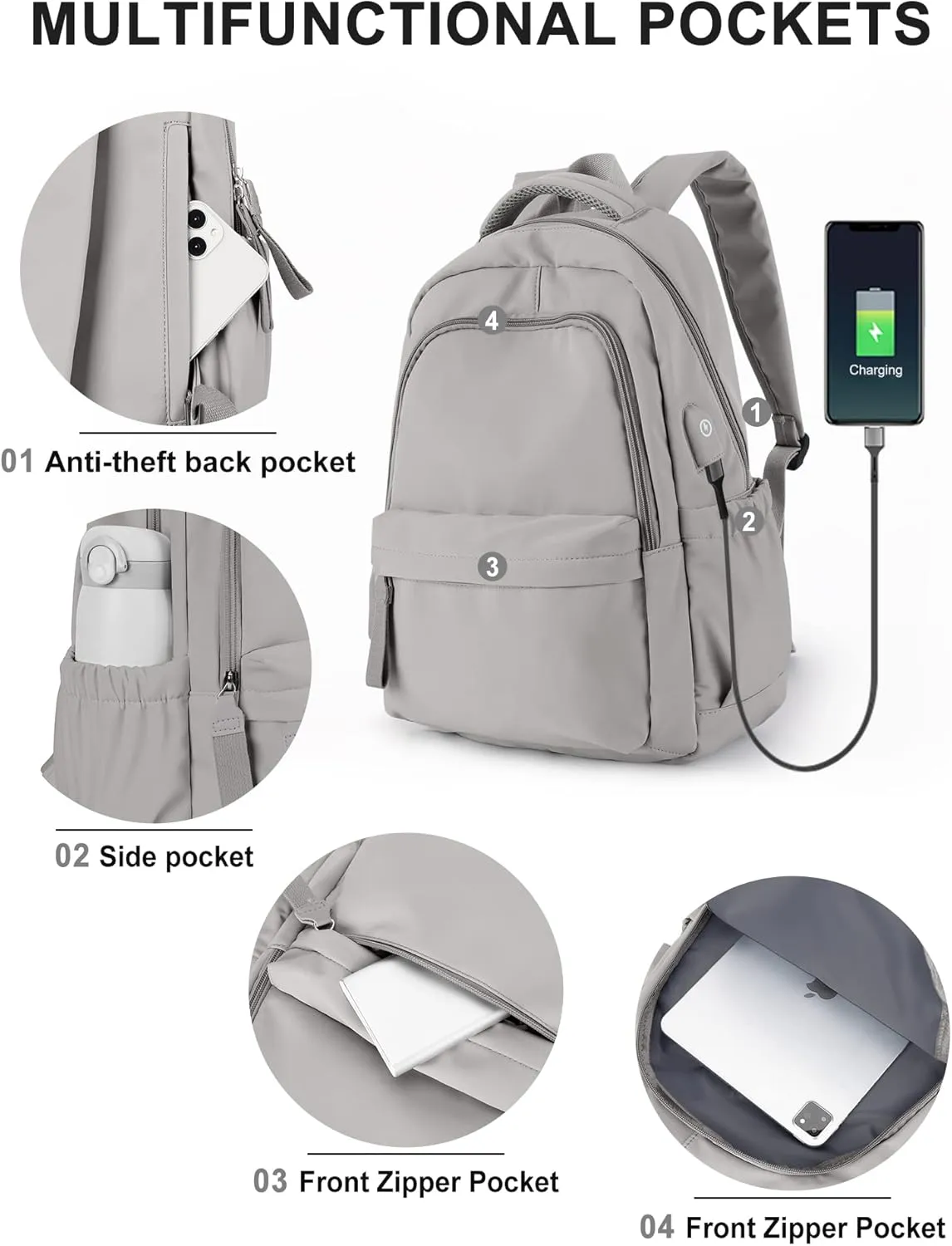 winspansy Small Backpack For School Girls Boys Aesthetic Lightweight Travel Daypack Simple Cute Backpack For Women Men College High School Bookbag Fit 14 Inch Laptop With USB charging port,Rrey Brown