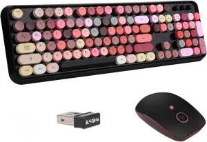 Wireless Keyboard and Mouse | Cute Colorful Keyboard and Mouse with 2.4GHz Cordless Retro Typewriter Keyboard | Auto-Sleep | USB Receiver for Windows PC/Laptop - Black Colorful