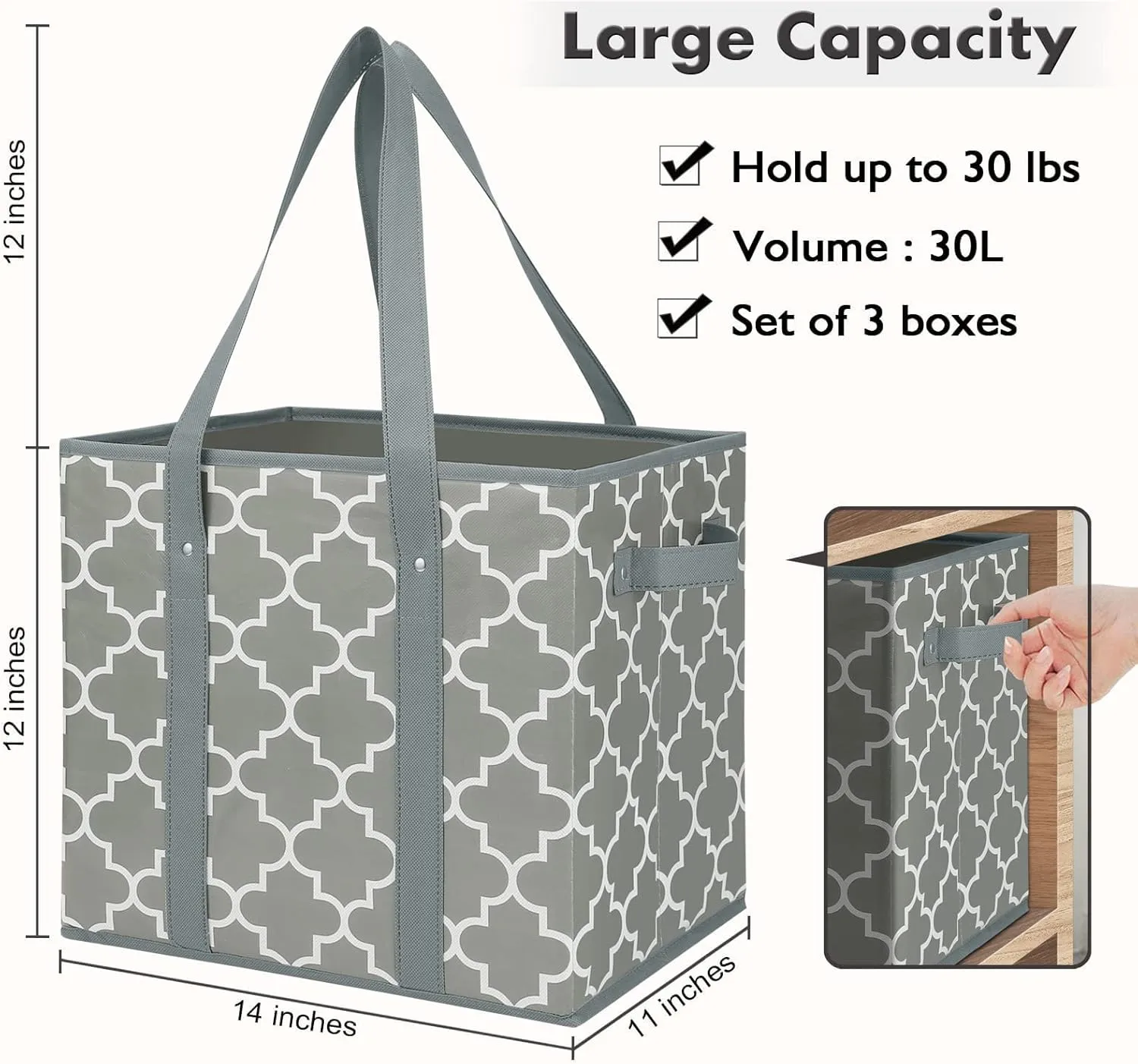 WISELIFE 3-Pack Reusable Grocery Bags Foldable Washable Storage Bins Basket Water Resistant Shopping Utility Tote Bag Grey