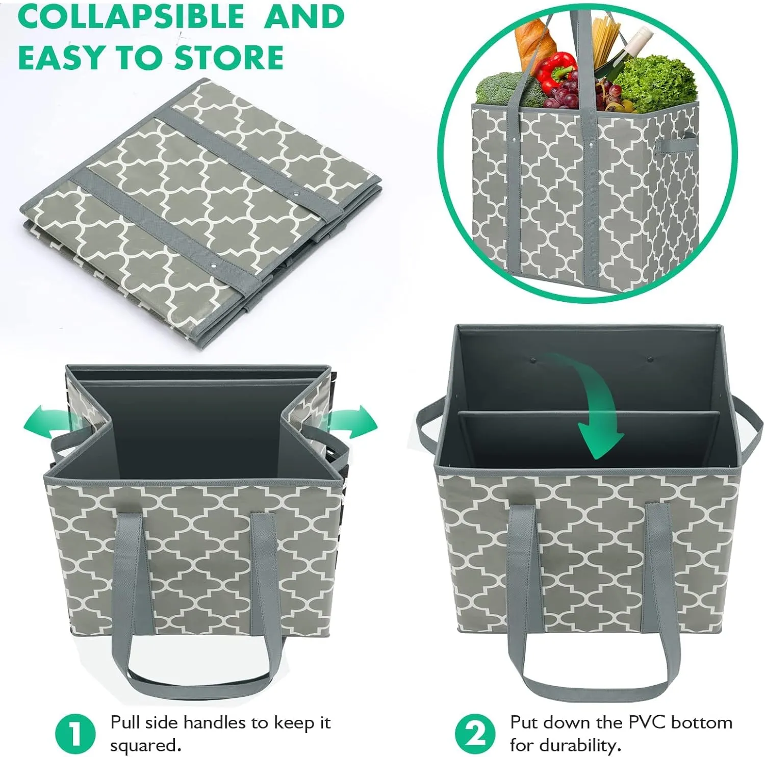 WISELIFE 3-Pack Reusable Grocery Bags Foldable Washable Storage Bins Basket Water Resistant Shopping Utility Tote Bag Grey