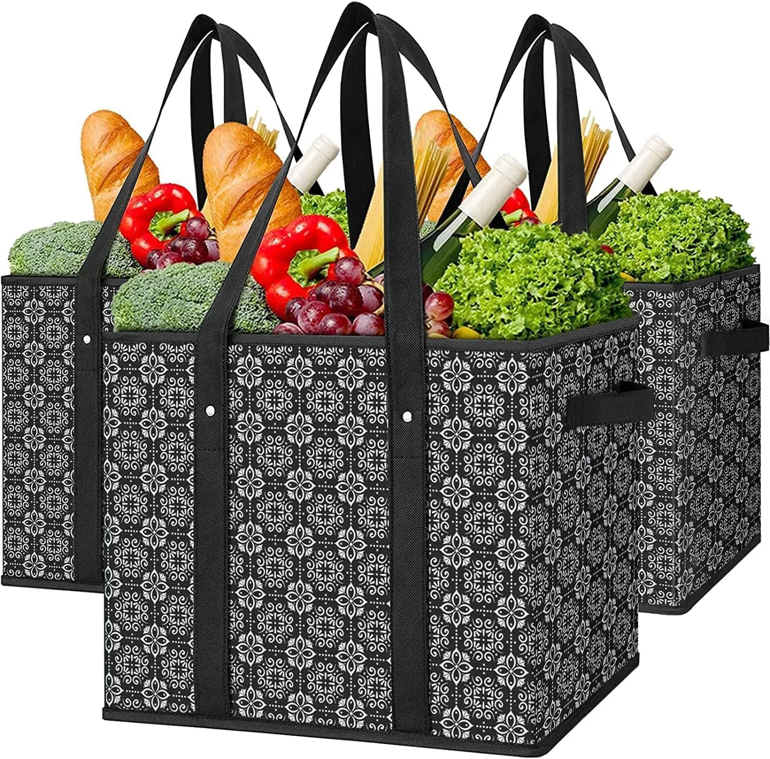 WISELIFE Reusable Grocery Bags [3 Pack],Large Grocery Tote Bag Water Resistant Shopping Bags Foldable Grocery Bag for Clothes,Shoes and Picnic,Black