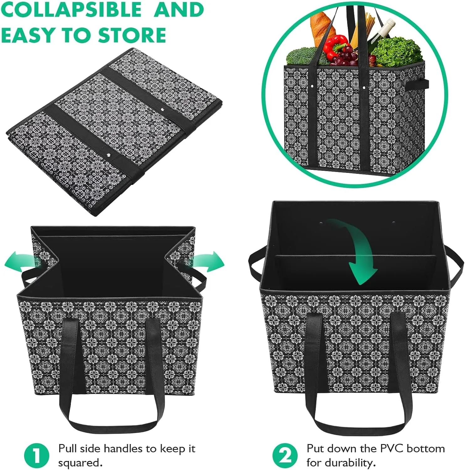 WISELIFE Reusable Grocery Bags [3 Pack],Large Grocery Tote Bag Water Resistant Shopping Bags Foldable Grocery Bag for Clothes,Shoes and Picnic,Black