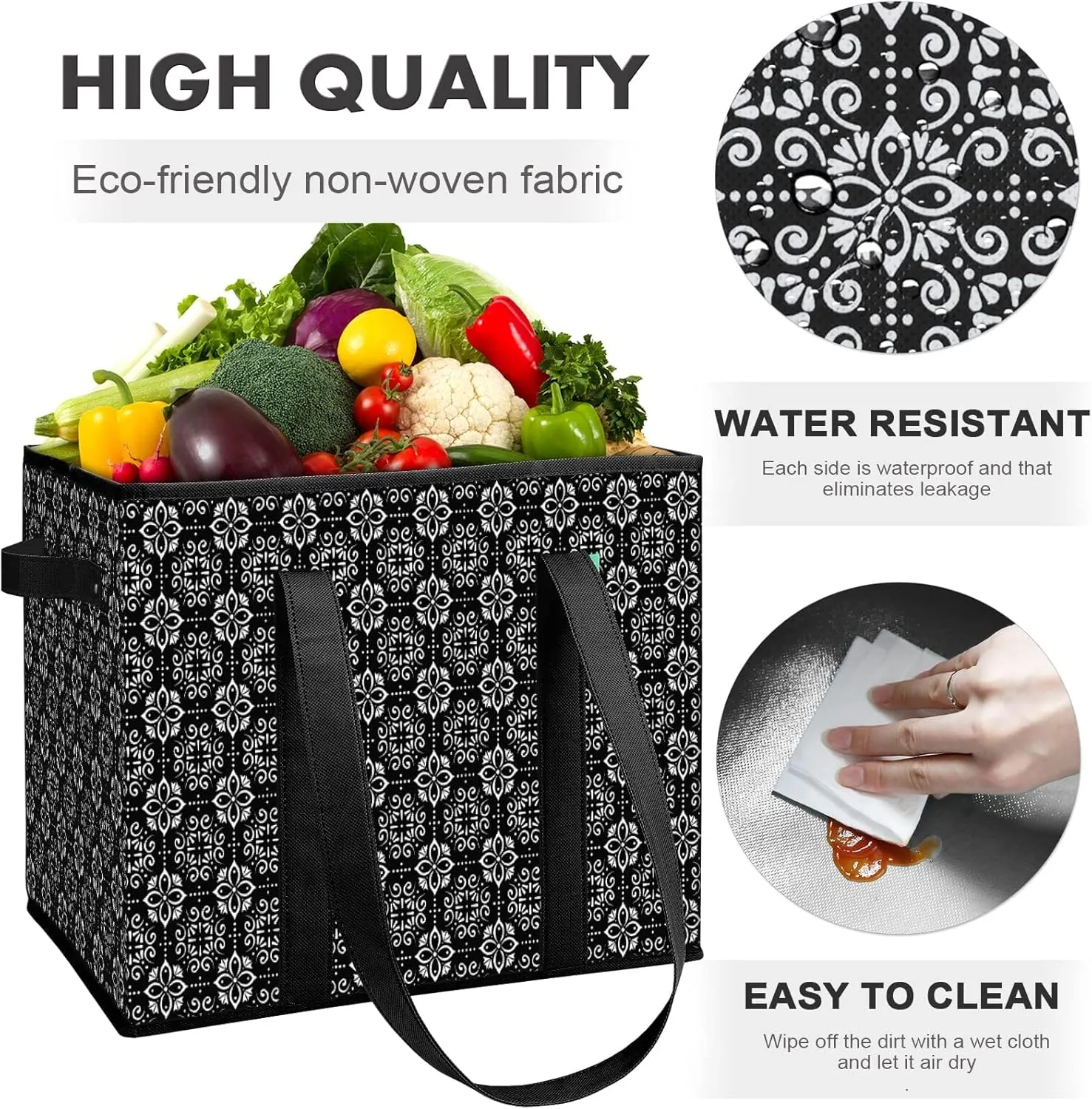 WISELIFE Reusable Grocery Bags [3 Pack],Large Grocery Tote Bag Water Resistant Shopping Bags Foldable Grocery Bag for Clothes,Shoes and Picnic,Black